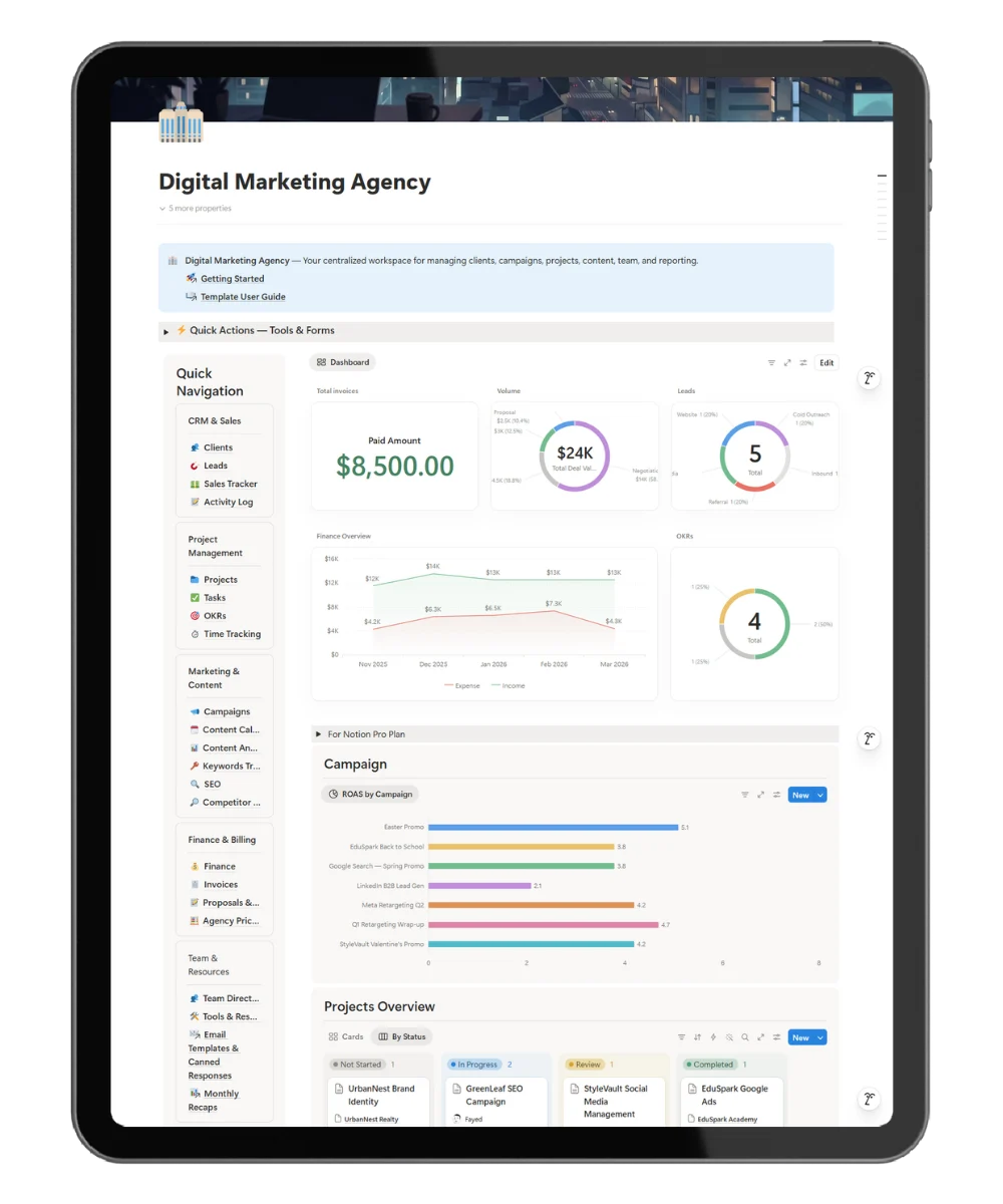 Agency CRM table view in Notion — client records with linked projects, invoices, and campaign data, from the Digital Marketing Agency Notion template by Fayedtion