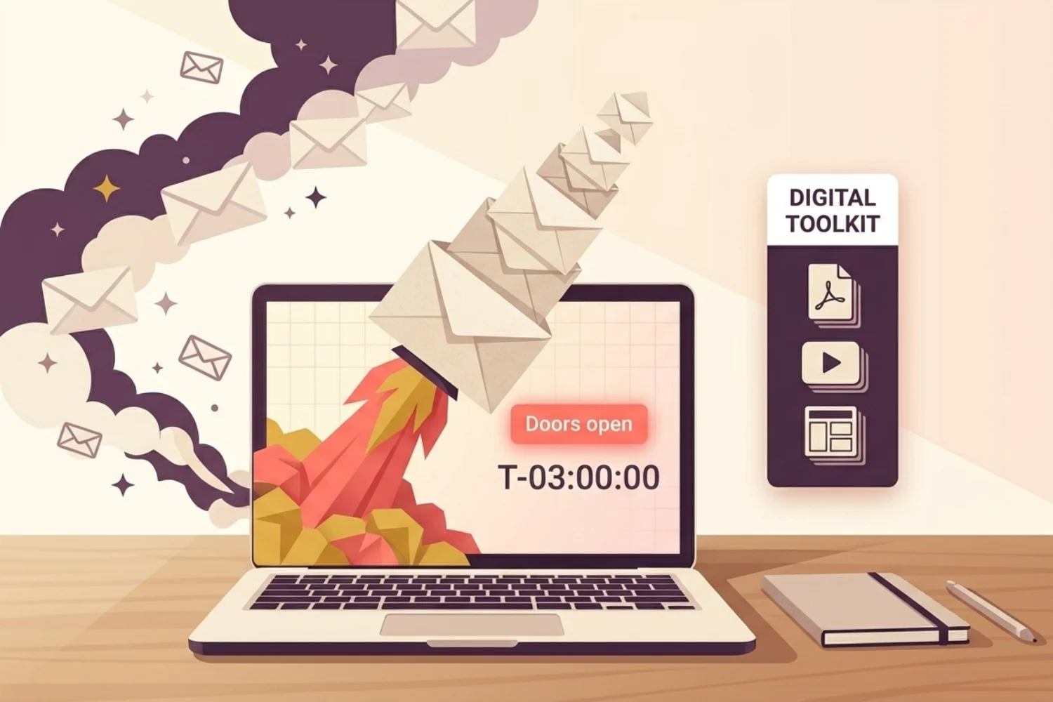 Digital creator at a desk planning an email launch sequence on a tablet to manage Email Marketing for Digital Creators