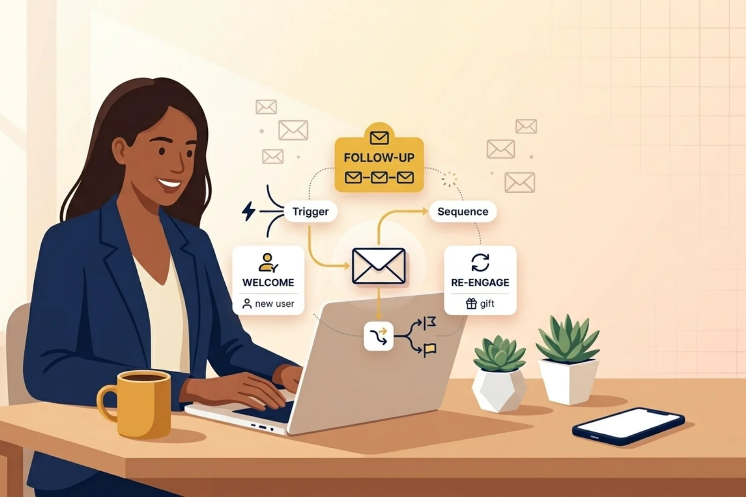 Solo founder at a laptop with an email automation flow visualized on screen manage Email Marketing for Solopreneurs
