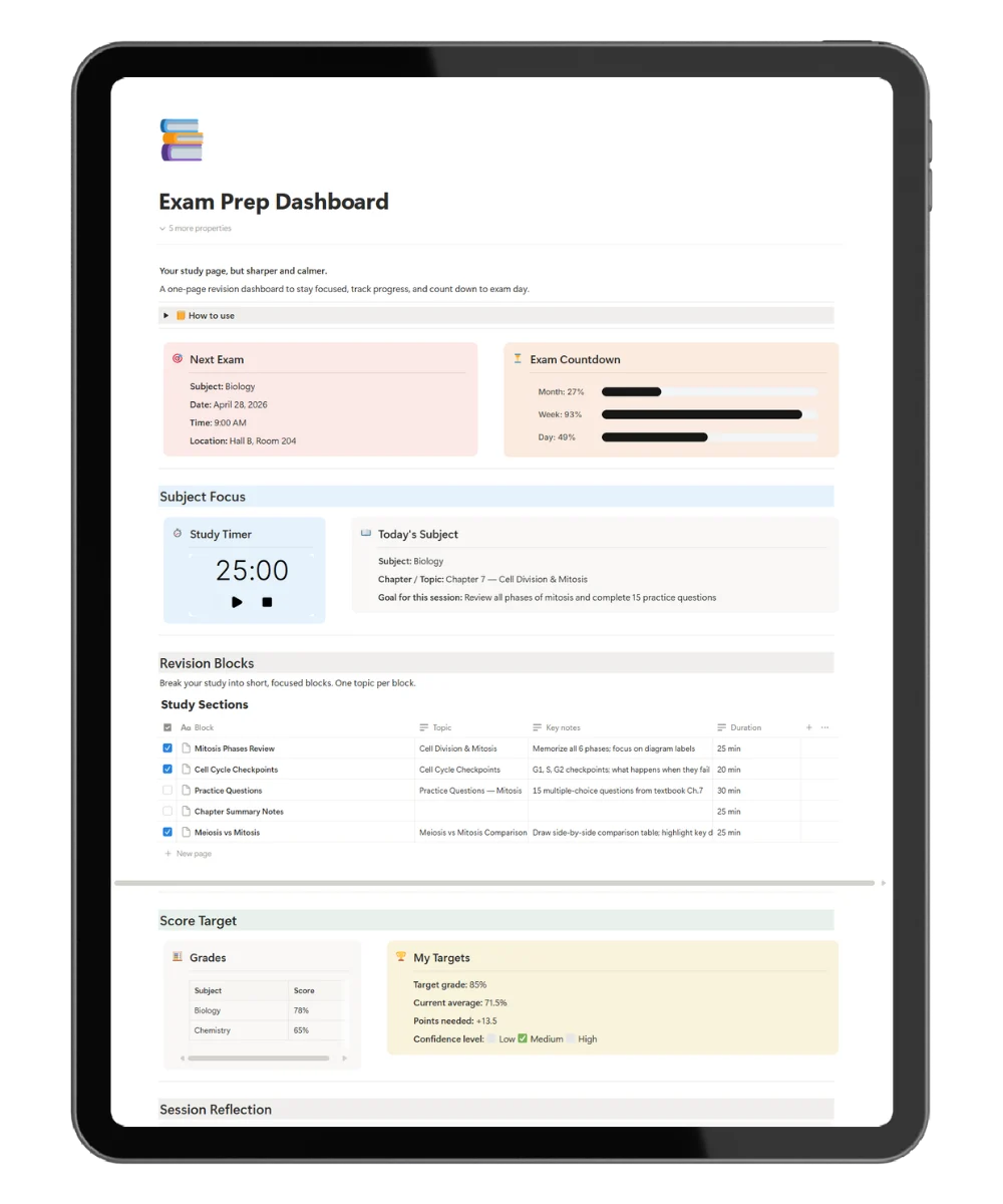 study planner for students dashboard for students with countdown and date of exams