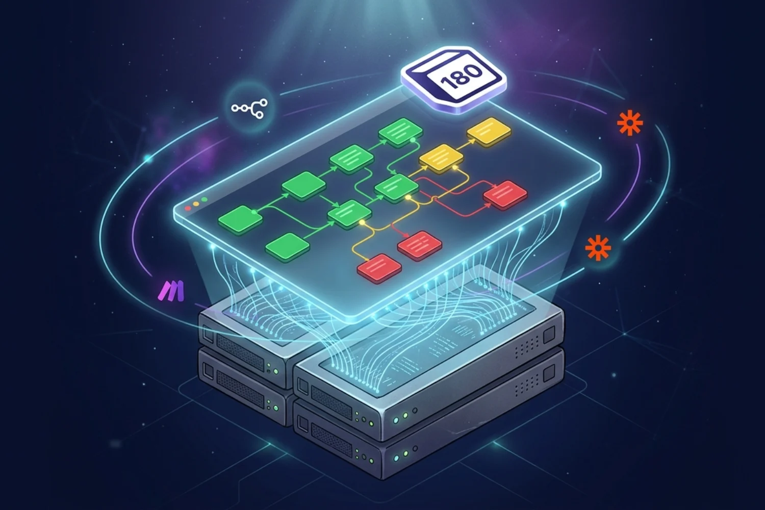 Workflow automation dashboard in Notion showing 180 live workflows, error logs, credential registry, and weekly maintenance flow across n8n and 2 VPS servers