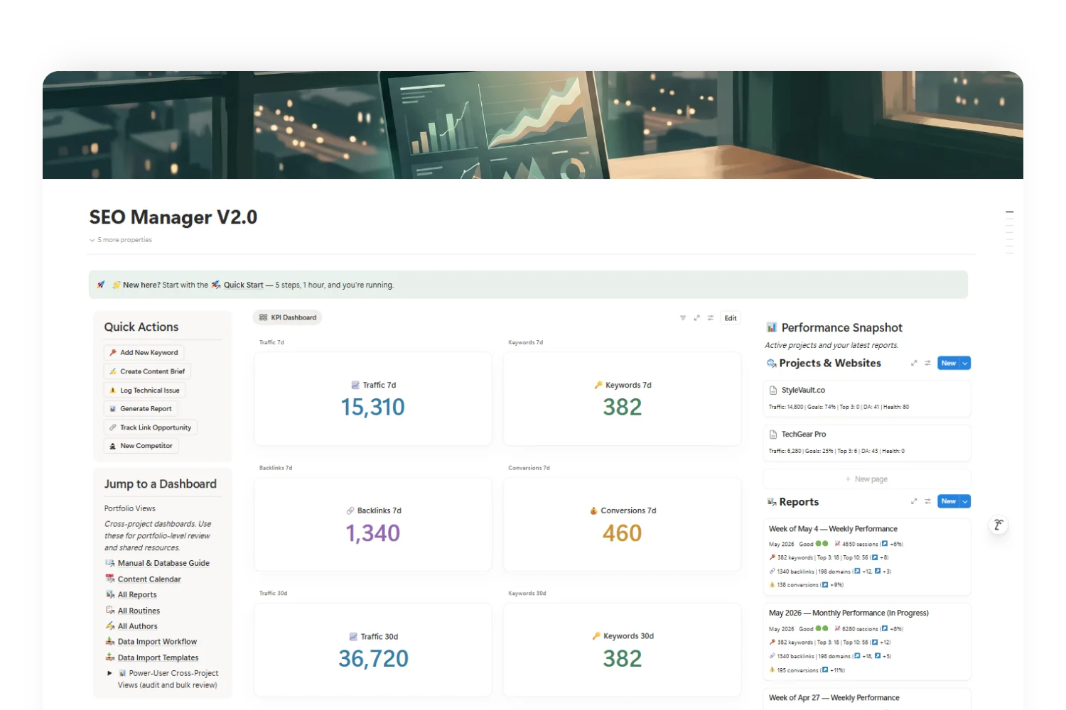 SEO Manager V2.0 landing page showing the entry surface of a connected SEO workspace in Notion.