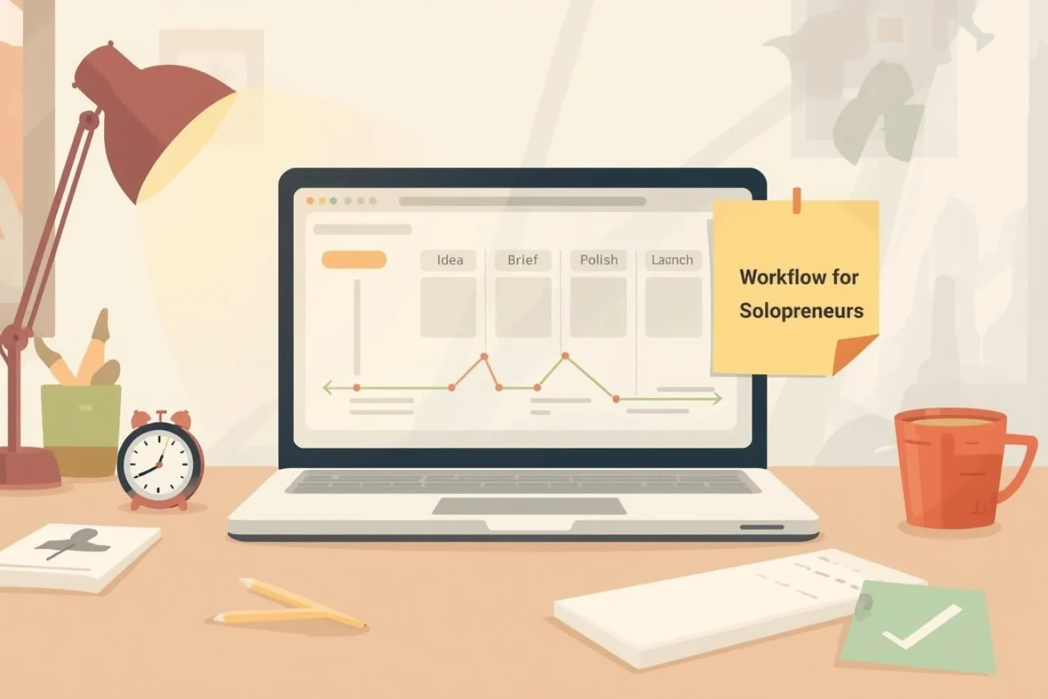 Solopreneur's desk with a Notion build pipeline, focus timer, and a sticky note that reads Workflow for Solopreneurs.