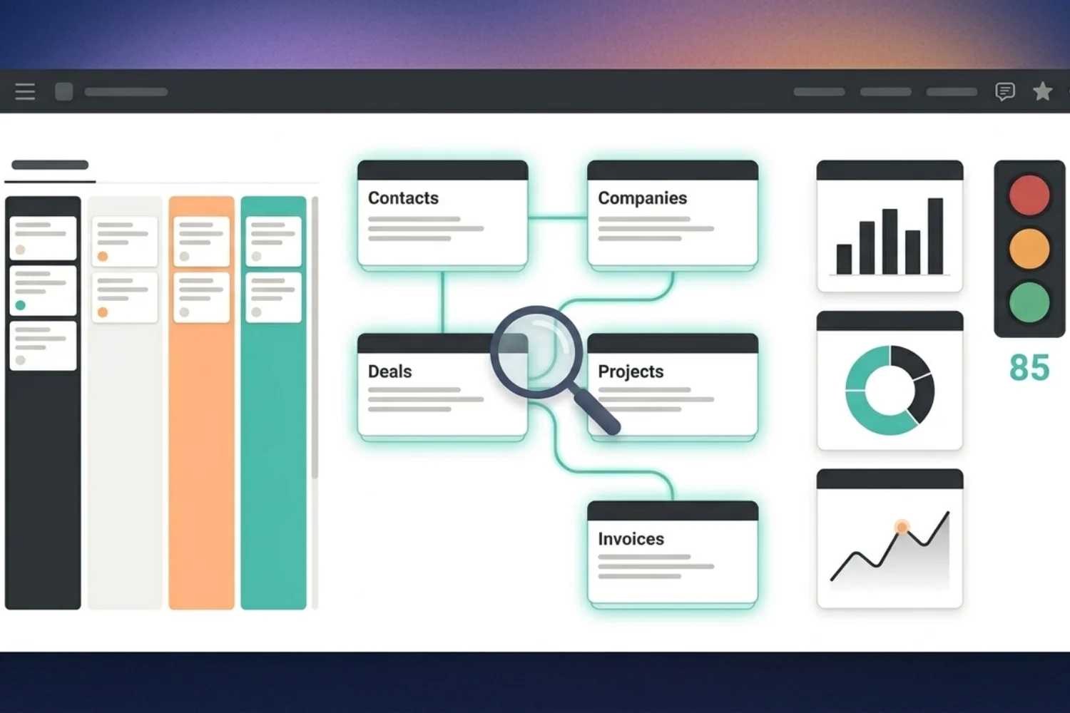 Advanced Notion CRM template dashboard showing custom views, relation graph, automation flows, and pipeline customization for power users