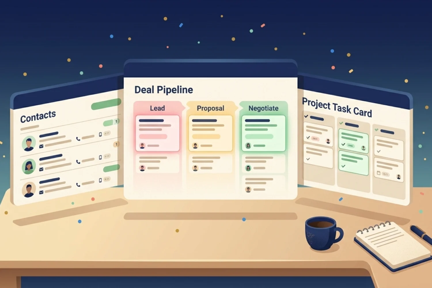best Notion CRM dashboard for solopreneur showing contacts, pipeline, and project view in one connected workspace