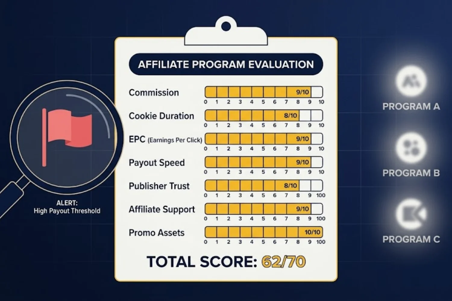 Marketer scoring an Vet Profitable Affiliate Programs on a 7-point checklist with weights and red flags