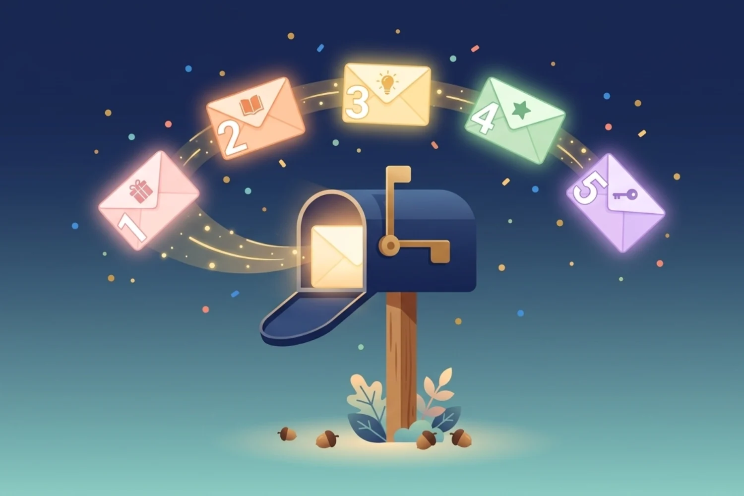 Five welcome emails arranged in a sequence flow from signup to soft offer as a part of Welcome Email Sequence