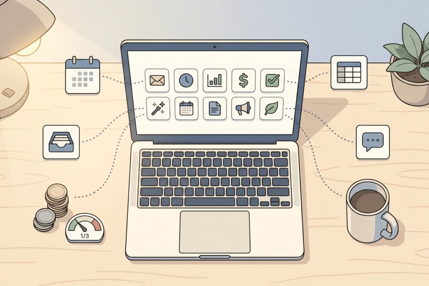 Top-down editorial illustration of a desk with a laptop showing a grid of ten Notion Custom Agent ideas badges connected by dotted lines to a calendar, inbox, database, and chat bubble, soft pastel palette.