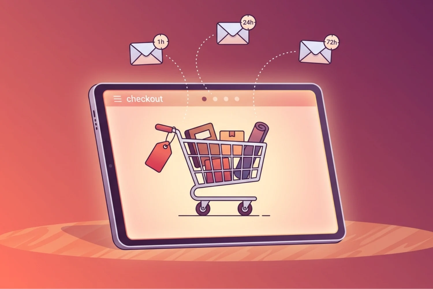 A shopping cart left at a checkout page with three email envelopes arcing back to recover it