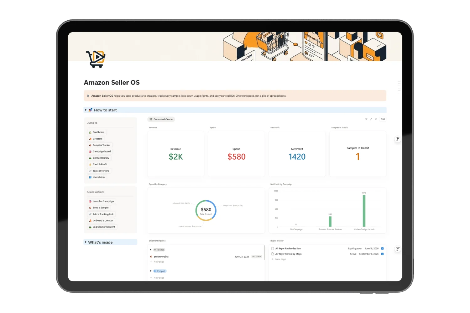 Hero image of the Amazon UGC tracker in Notion, showing the Command Center with daily revenue, active samples, and content rights expiry alerts.