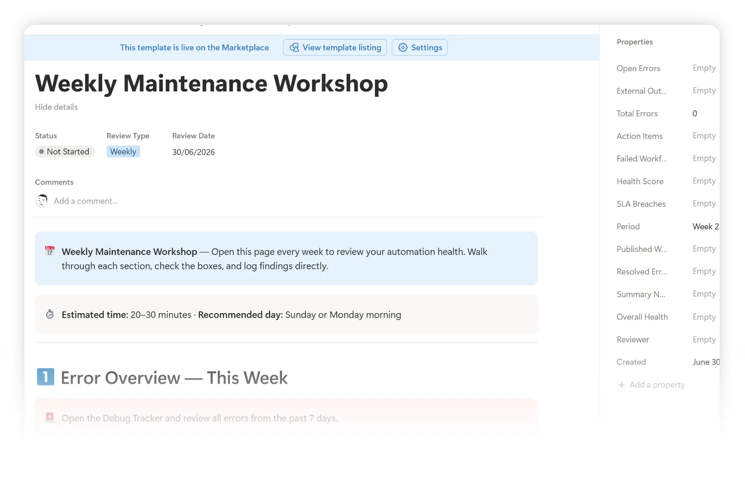Weekly maintenance template inside the Notion automation workflow management system with an interactive review checklist, health score, and action items.