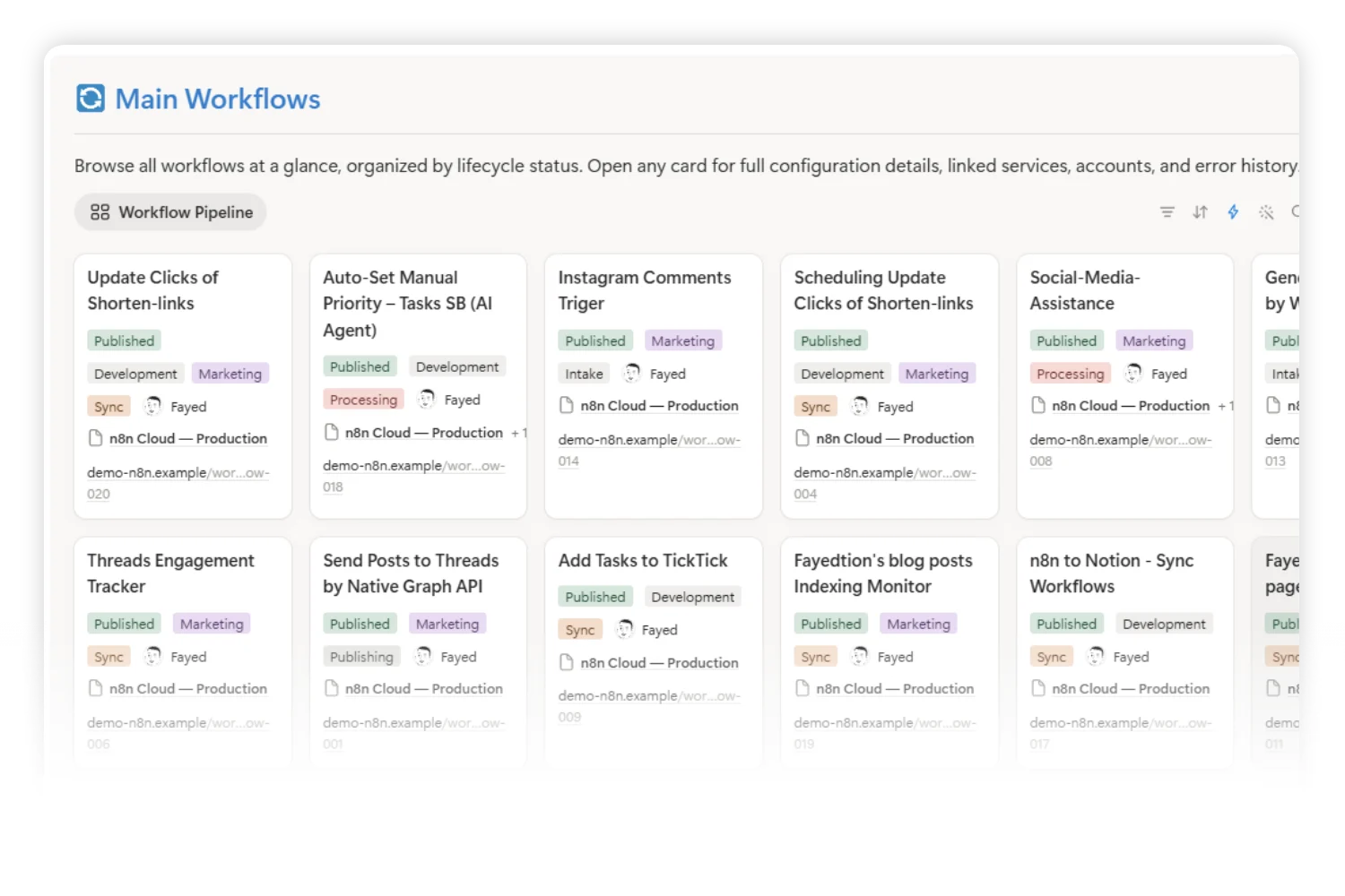 Workflow Command Center database inside the Notion automation workflow management system showing workflows, platforms, statuses, owners, and SLA breach indicators.
