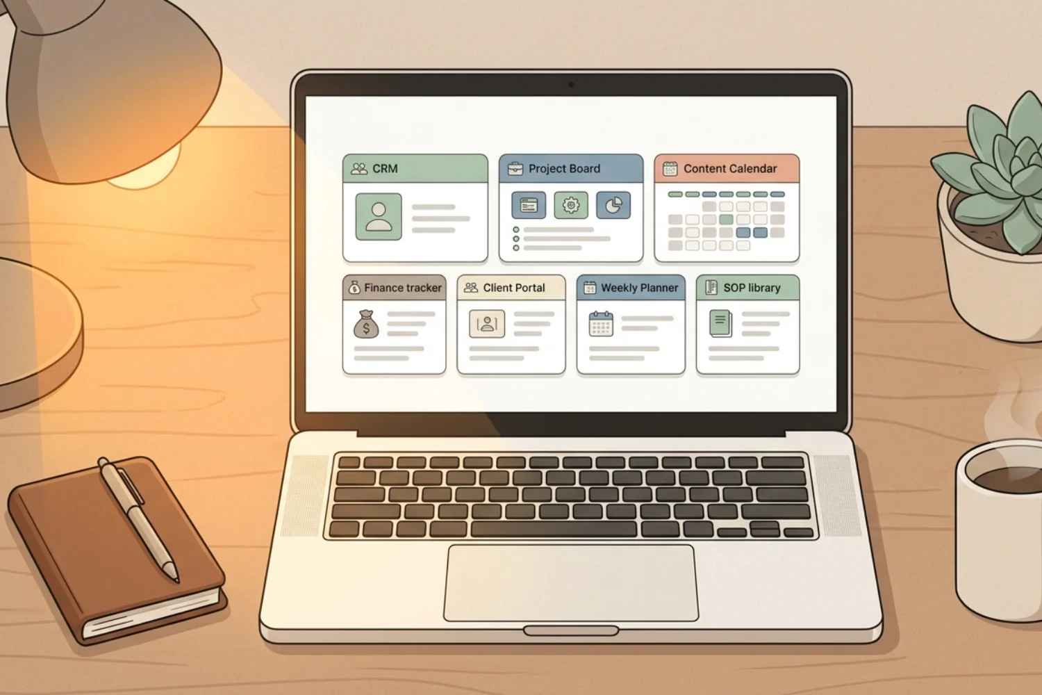 Top-down editorial illustration of a laptop showing seven Best Notion Templates for Solopreneurs (CRM, projects, content, finance, client portal, weekly planner, SOPs) on a soft pastel desk scene
