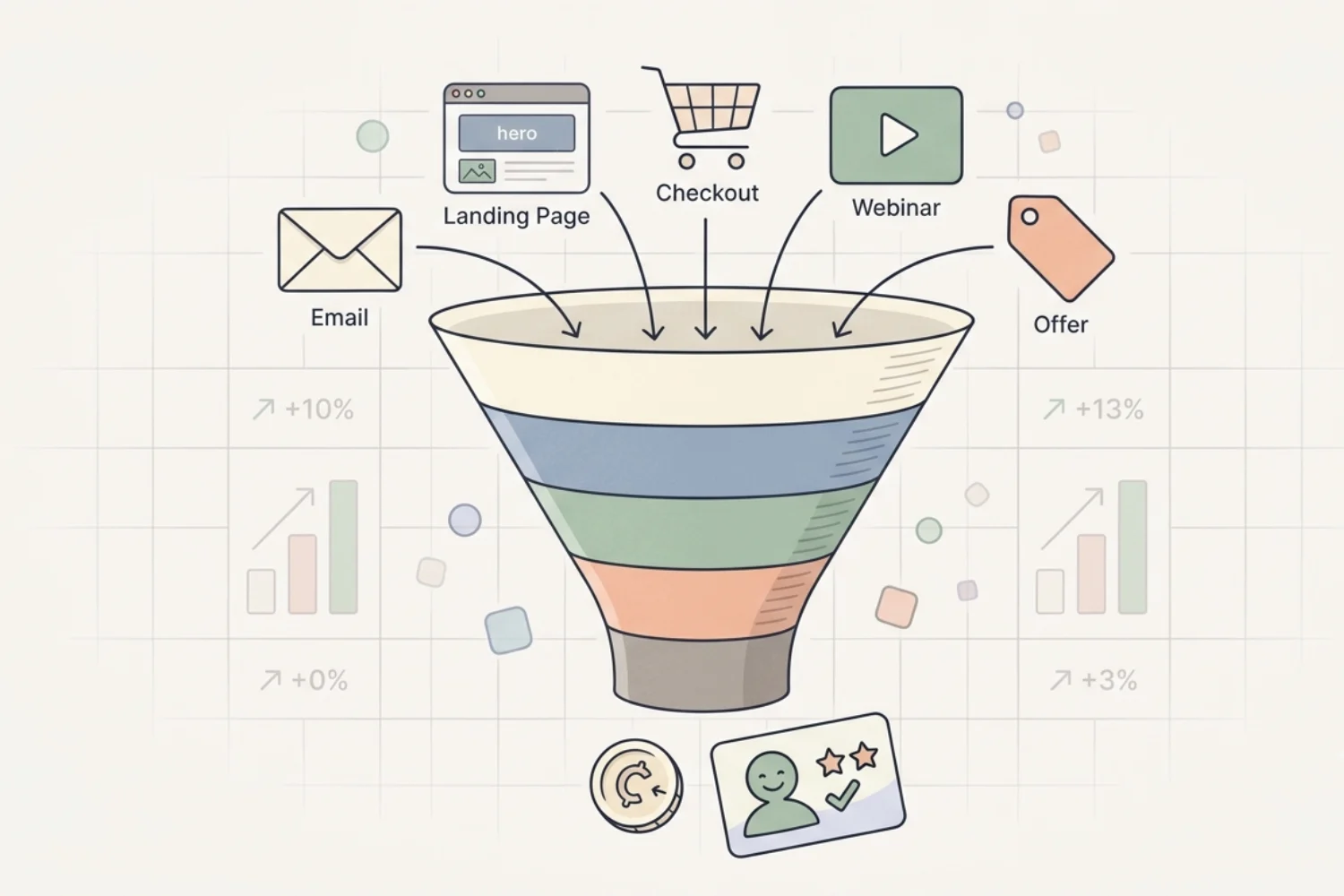 Soft pastel editorial illustration of a layered sales funnel with email, landing page, checkout, and webinar icons feeding in from the top and a single converted customer card at the bottom