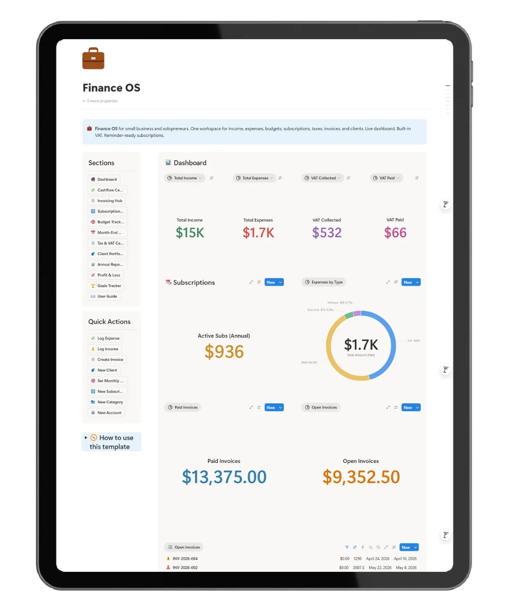 Finance OS dashboard in Notion showing income, expenses, VAT, and cash runway