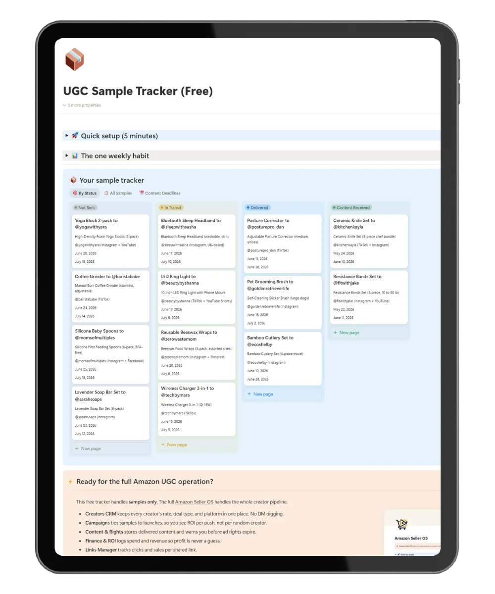 dashboard of Amazon UGC sample tracker: free Notion template for solo sellers