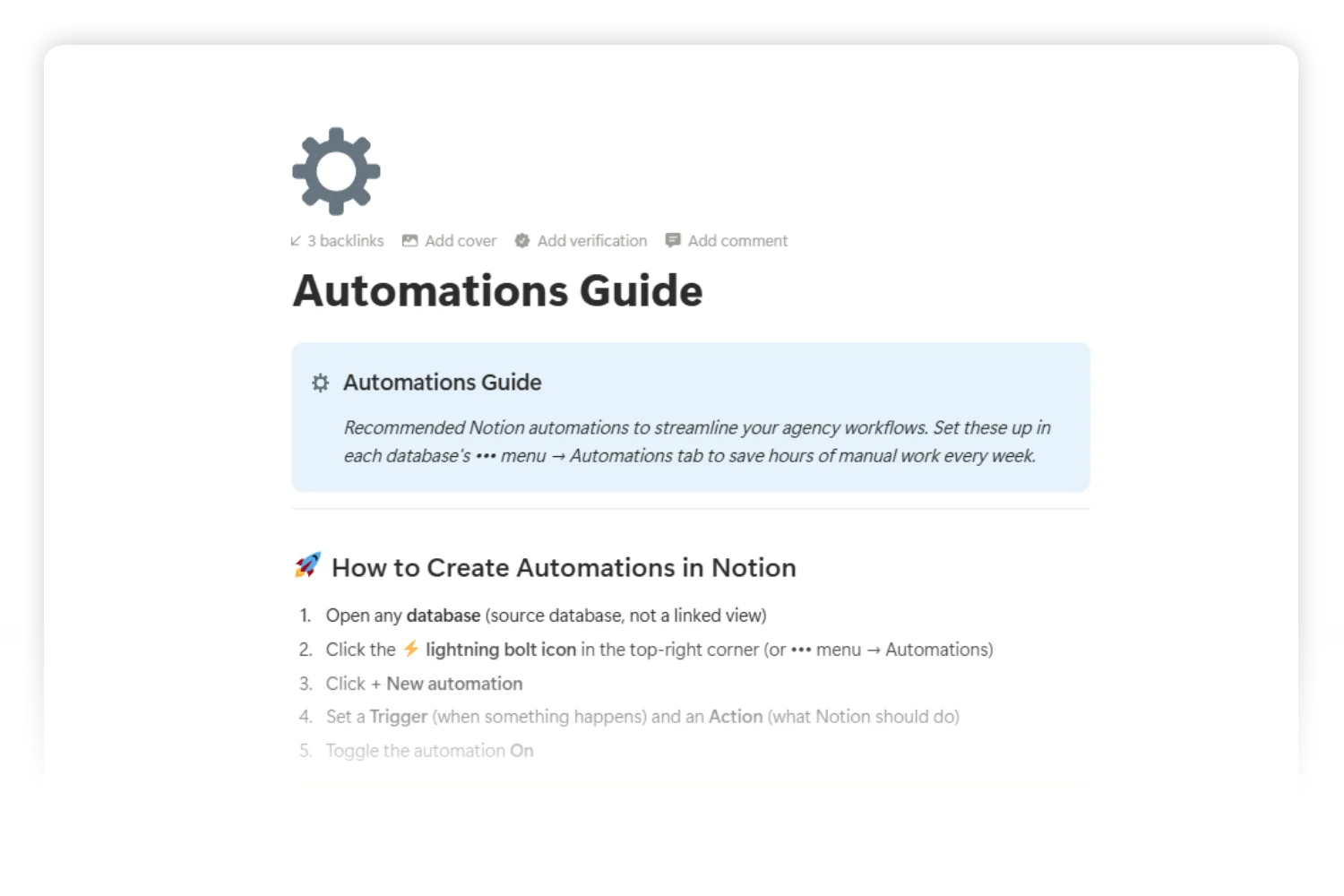 In-template Automations Guide inside the Notion agency template documenting CRM, project, and finance automations with database, trigger, and action for each.