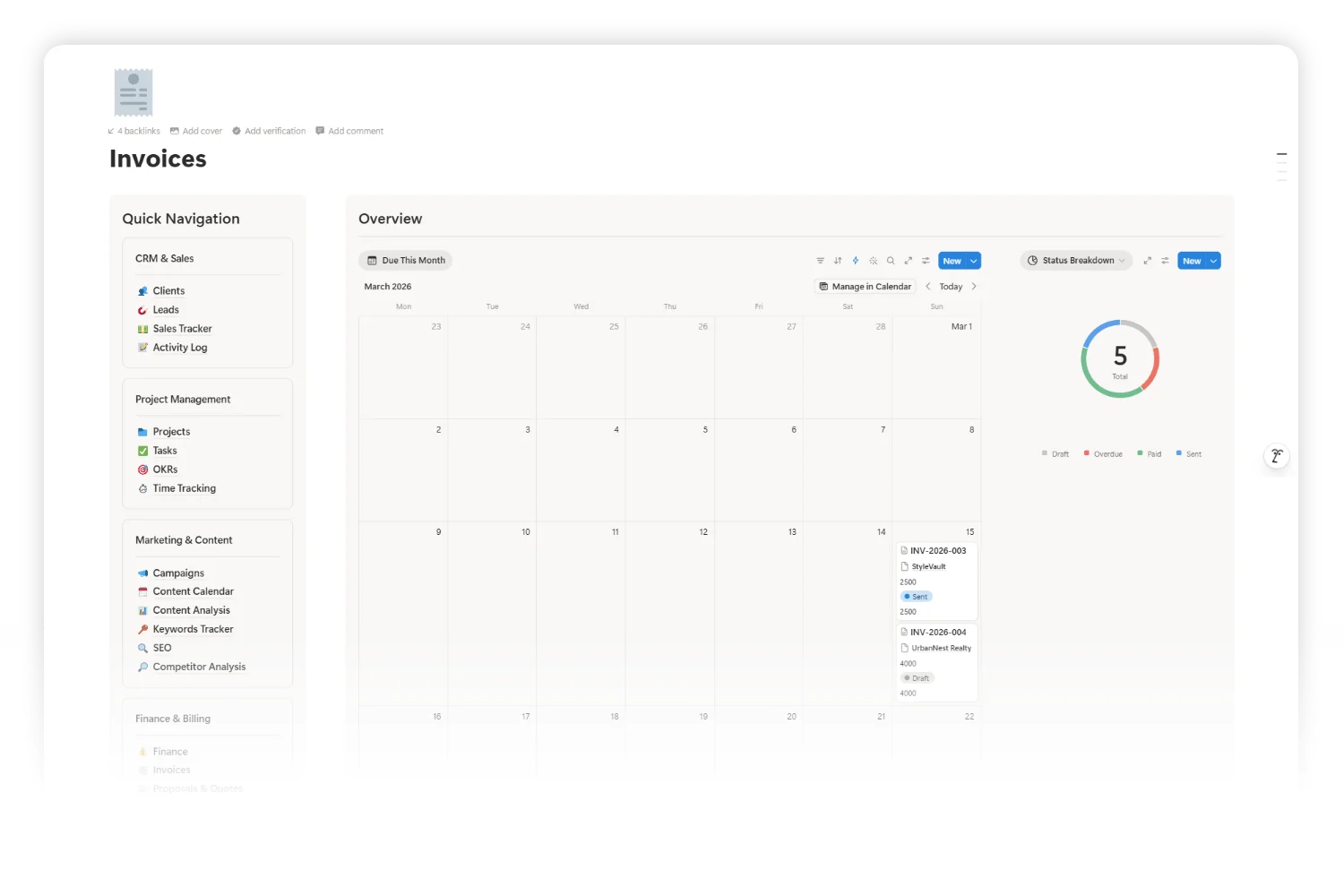 Invoices database inside the Notion agency template with auto-calculated totals and aging status buckets.