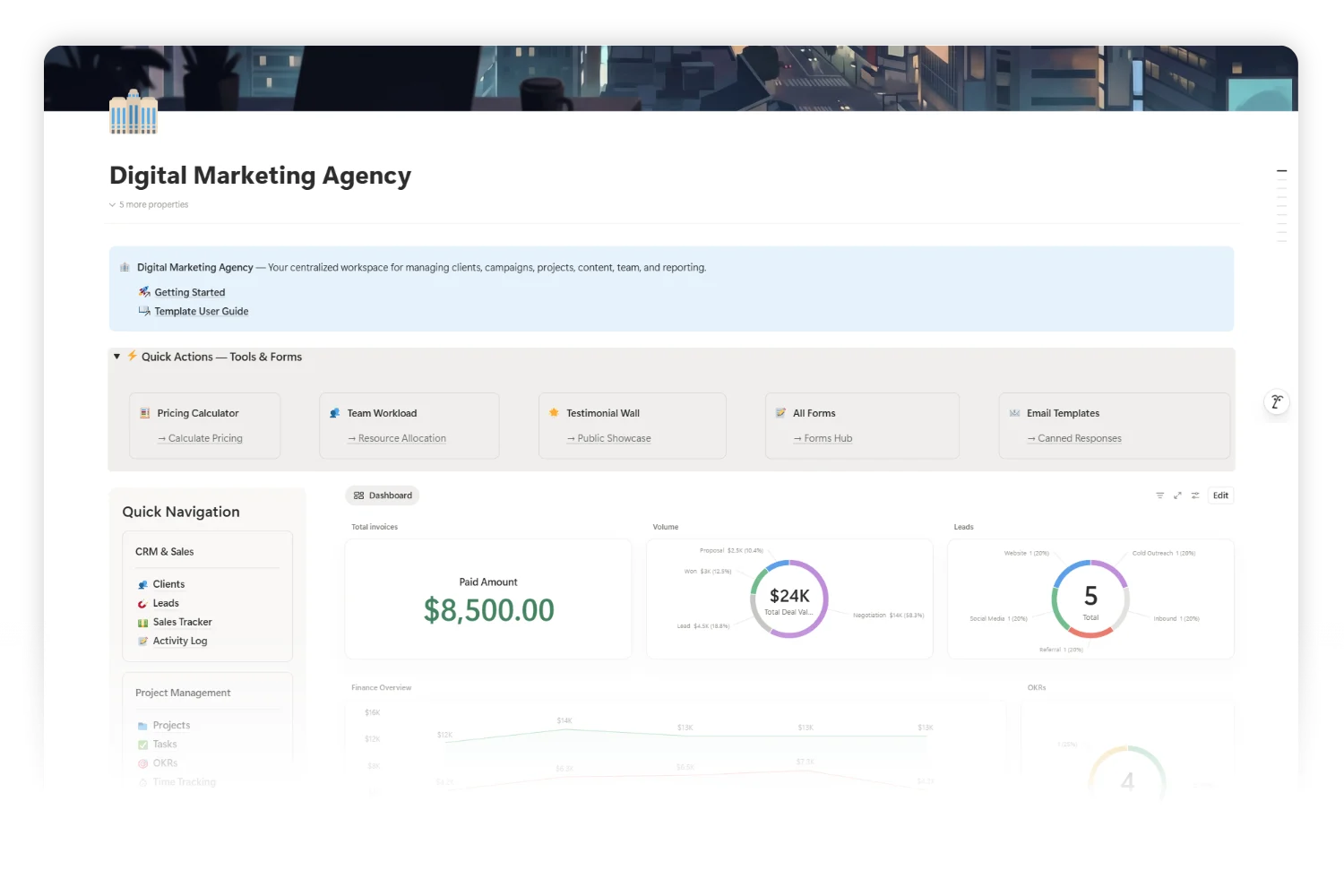 Quick Actions row inside the marketing agency workspace with Pricing Calculator, Team Workload, Testimonial Wall, All Forms, and Email Templates.