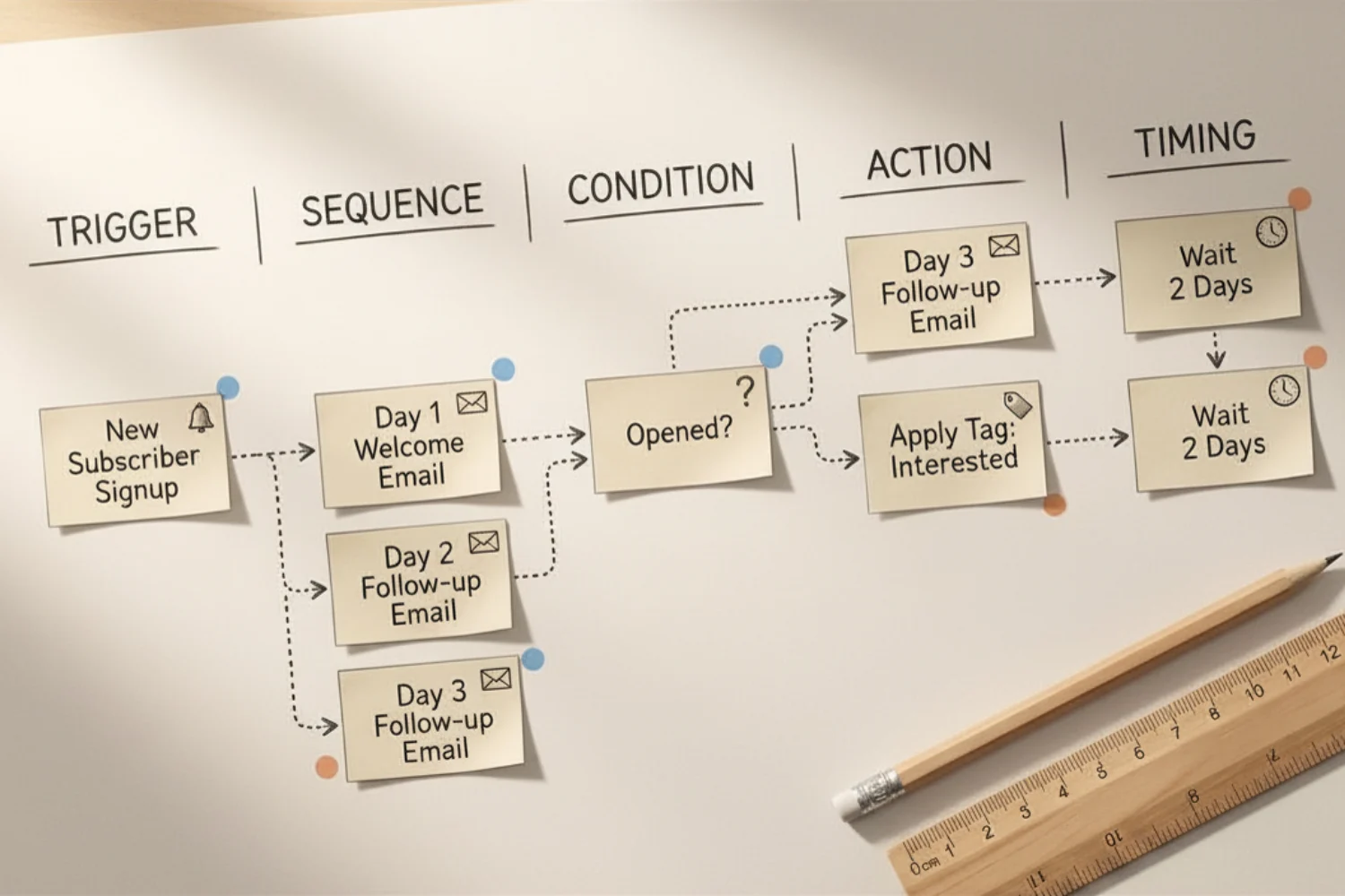 Email automation workflow planning template with 5 columns: trigger, sequence, condition, action, timing