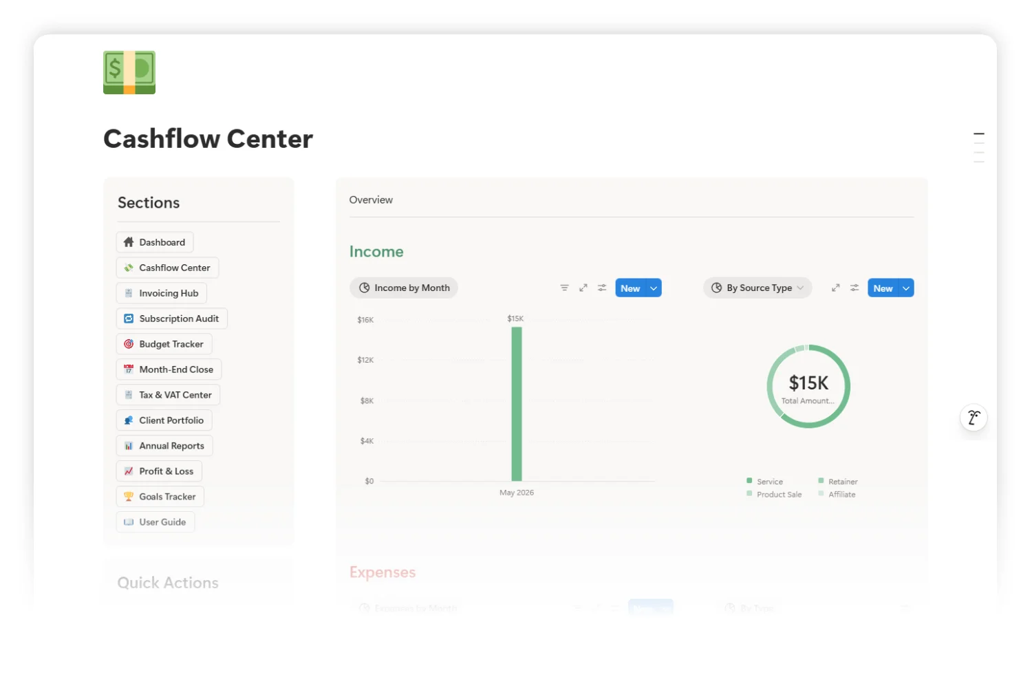 Cashflow Center inside Finance OS showing income and expense charts side by side.