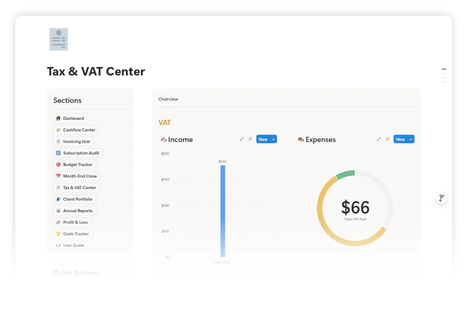 Tax & VAT Center showing VAT collected and a filing-ready deductible breakdown.