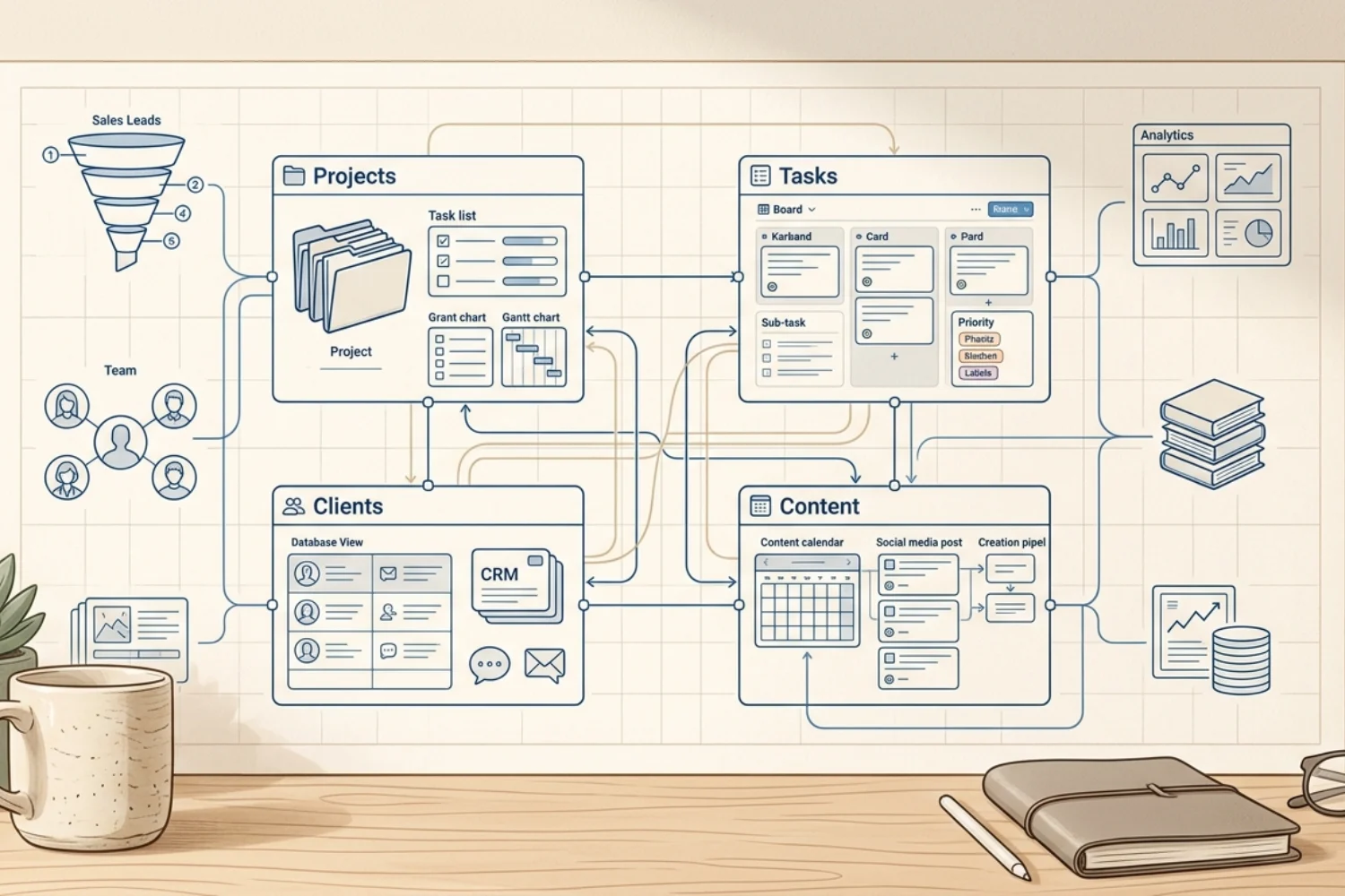 Blueprint-style diagram showing a business operating system with connected databases for projects, clients, tasks, and content