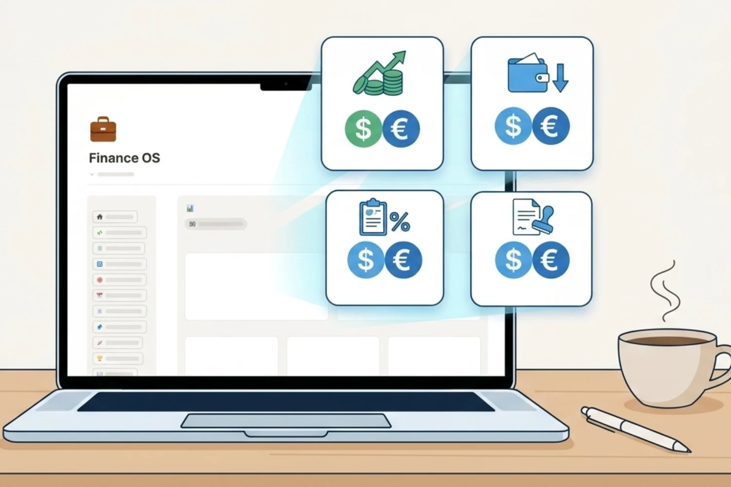 Finance OS Pro plan dashboard showing live income, expense, and VAT widgets inside a Notion finance OS for small business.