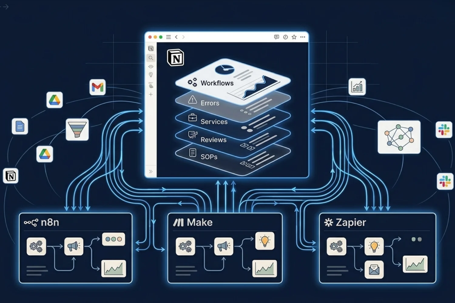 Automation workflow management system mapped inside Notion showing five layers, linked workflows, errors, and credentials in one connected workspace.