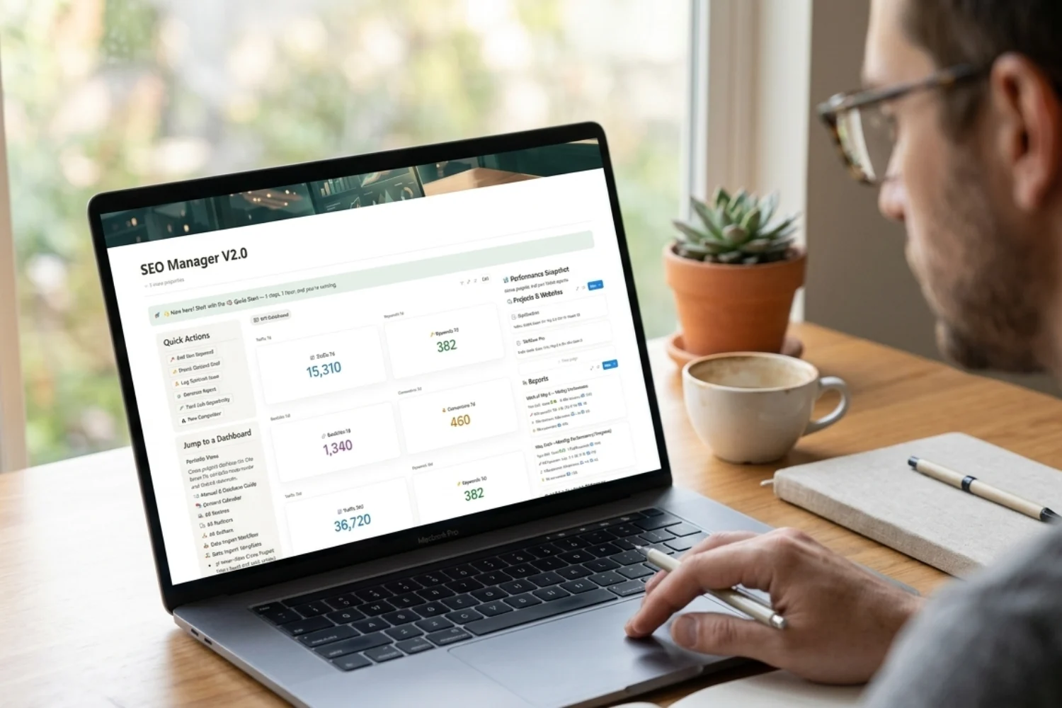 SEO Manager V2.0 landing page demonstrating an SEO operating system in Notion.