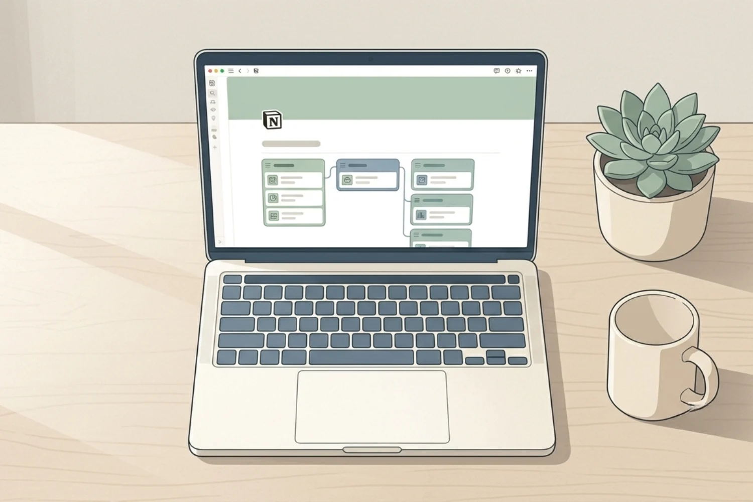Tidy desk overhead view with a laptop open to a minimal Notion workspace for beginners.