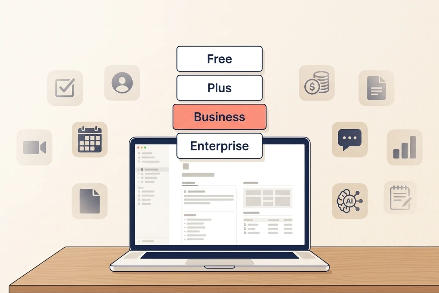 Side-by-side comparison of Free, Plus, Business, and Enterprise Notion Plans for Solopreneurs and small business owners, with one workspace replacing ten apps.