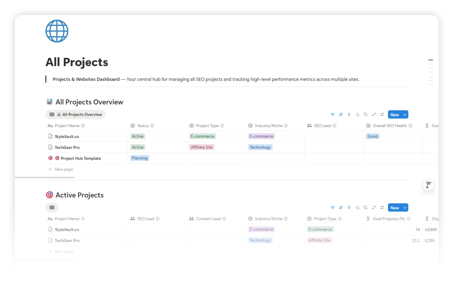 All Projects dashboard inside the SEO operating system, with one project row driving every linked record