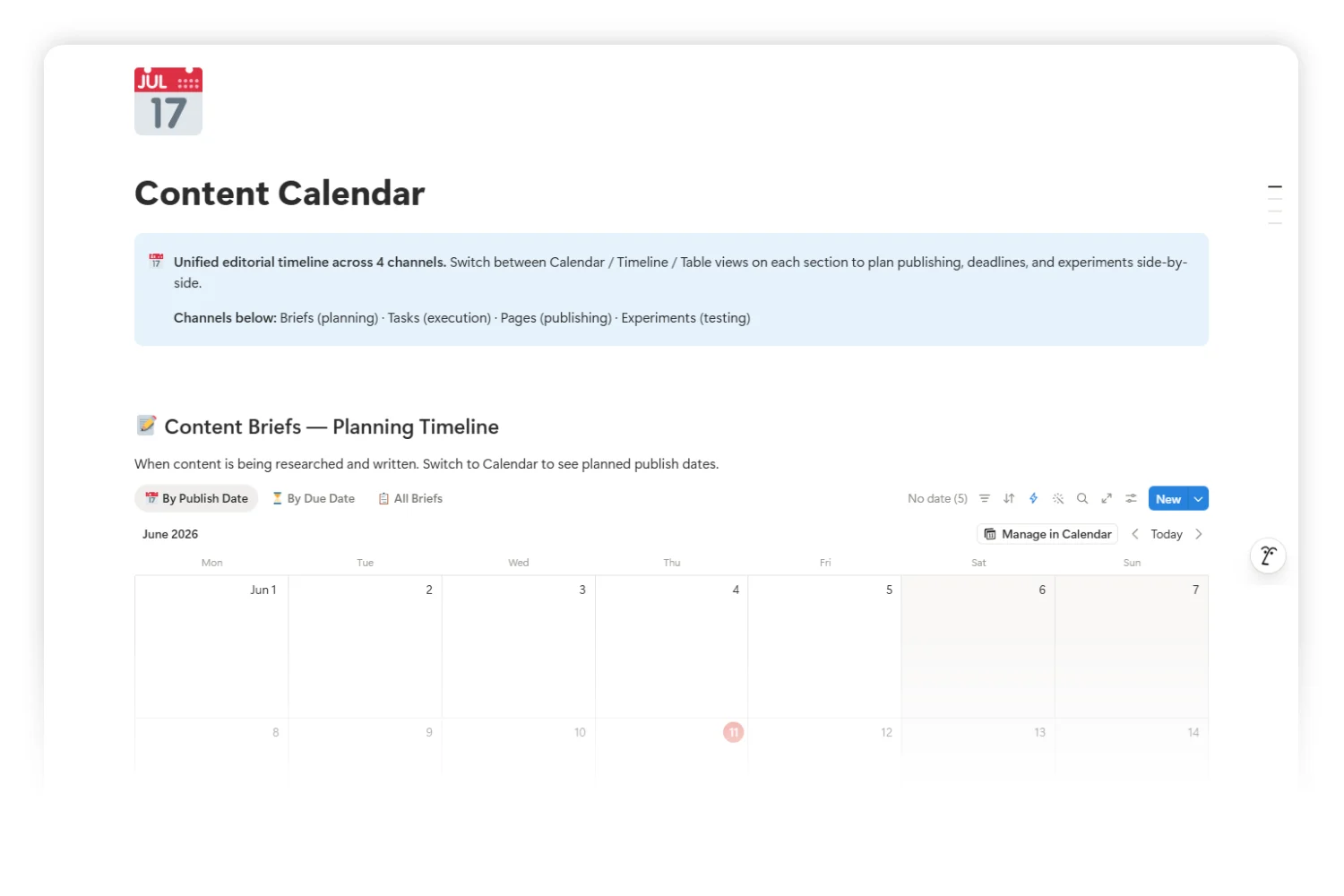  Unified content calendar inside a connected SEO workspace, with briefs, tasks, pages, and experiments on one timeline.
