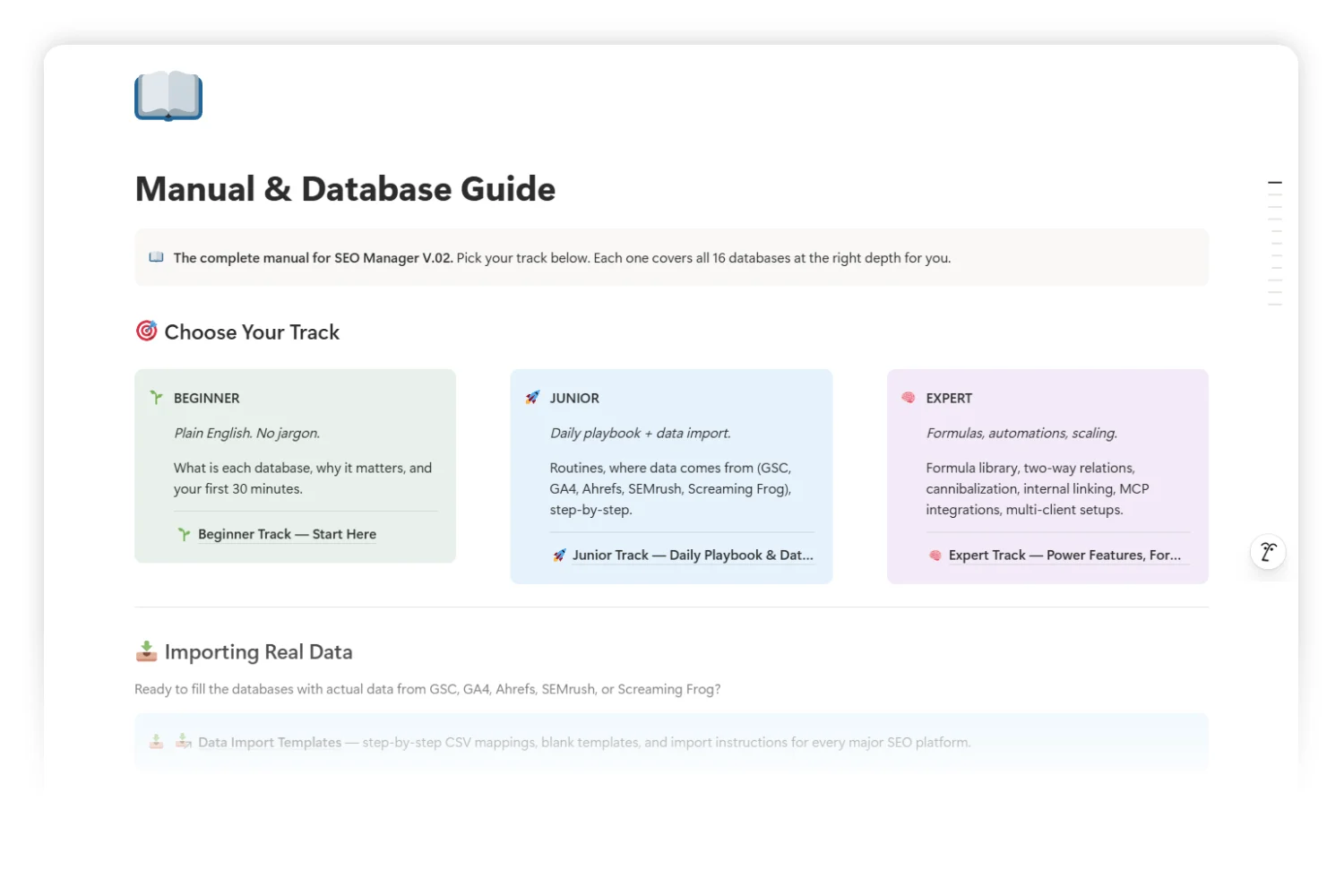 Three onboarding tracks inside the SEO operating system Manual & Database Guide.