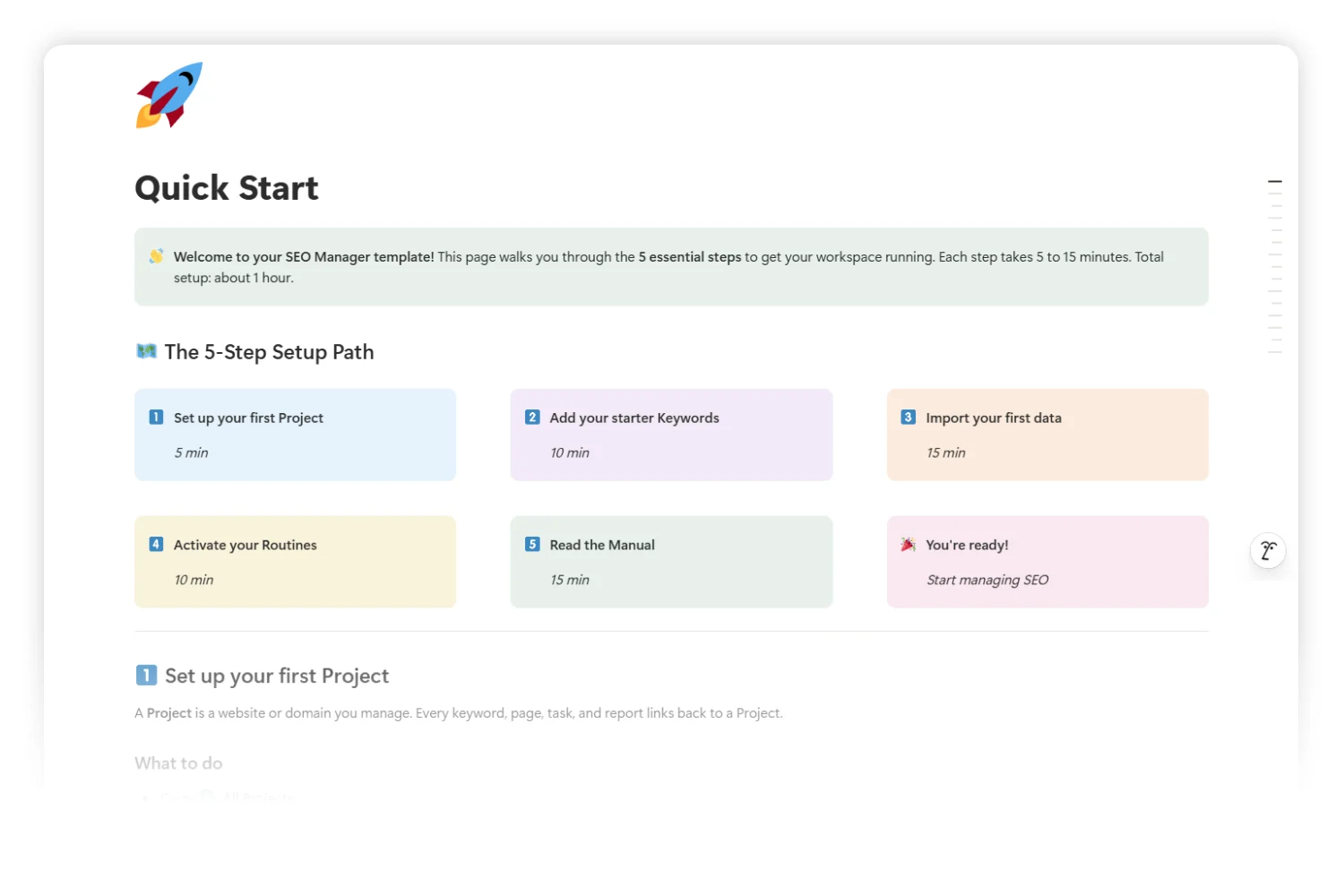 Five-step Quick Start path showing how to manage SEO in Notion.