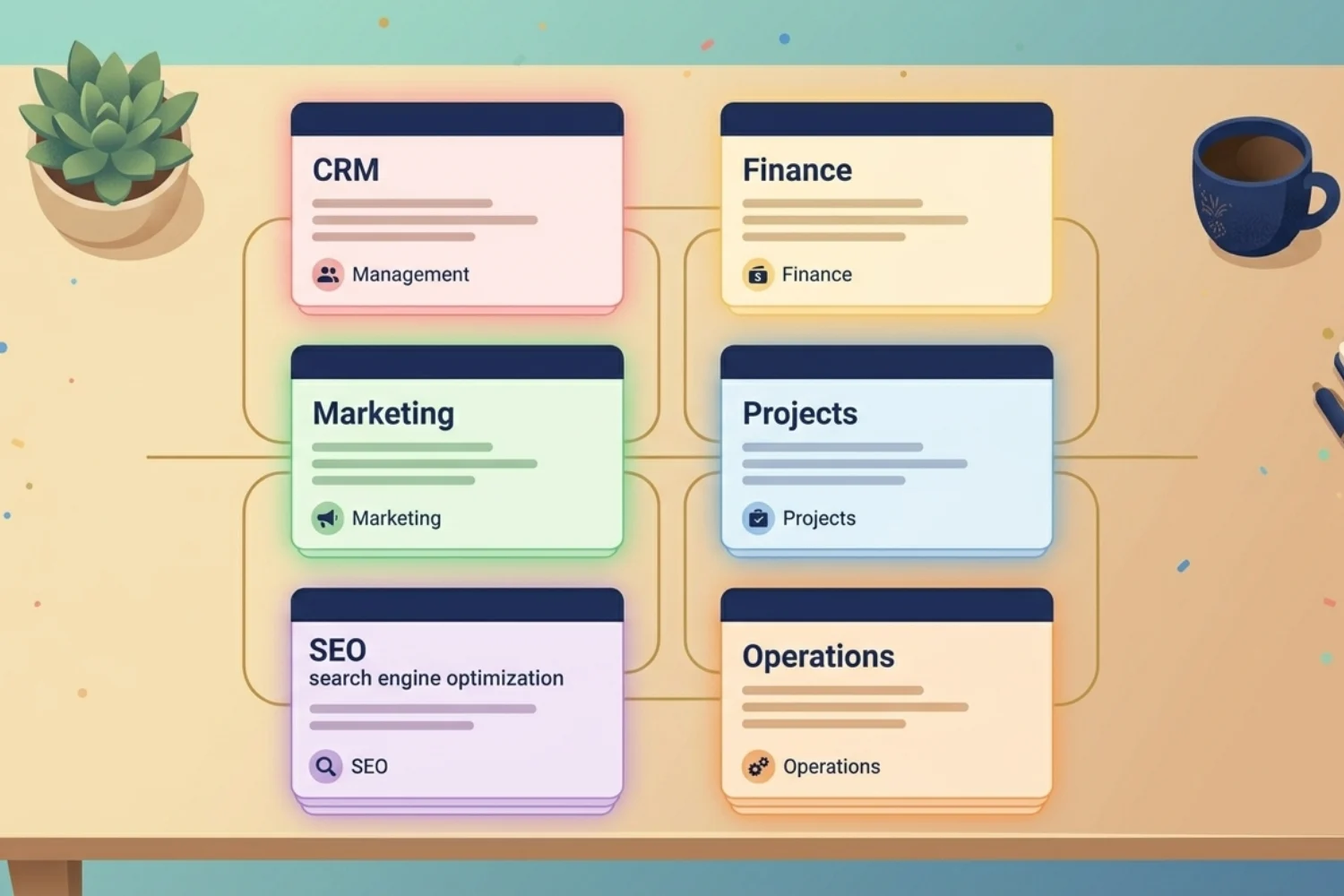 Best Notion Templates for Small Business dashboard showing CRM, finance, marketing, and operations modules in one connected workspace for small business