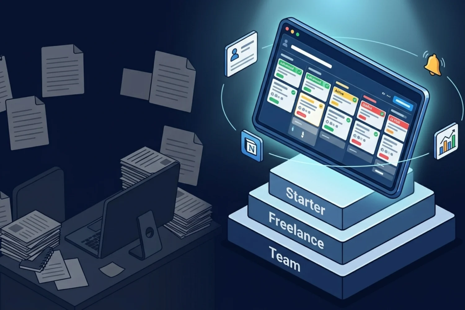 Best sales template for Notion comparison showing pipeline view, contact database, follow-up tracker, and reporting dashboard across solo, freelance, and team stages