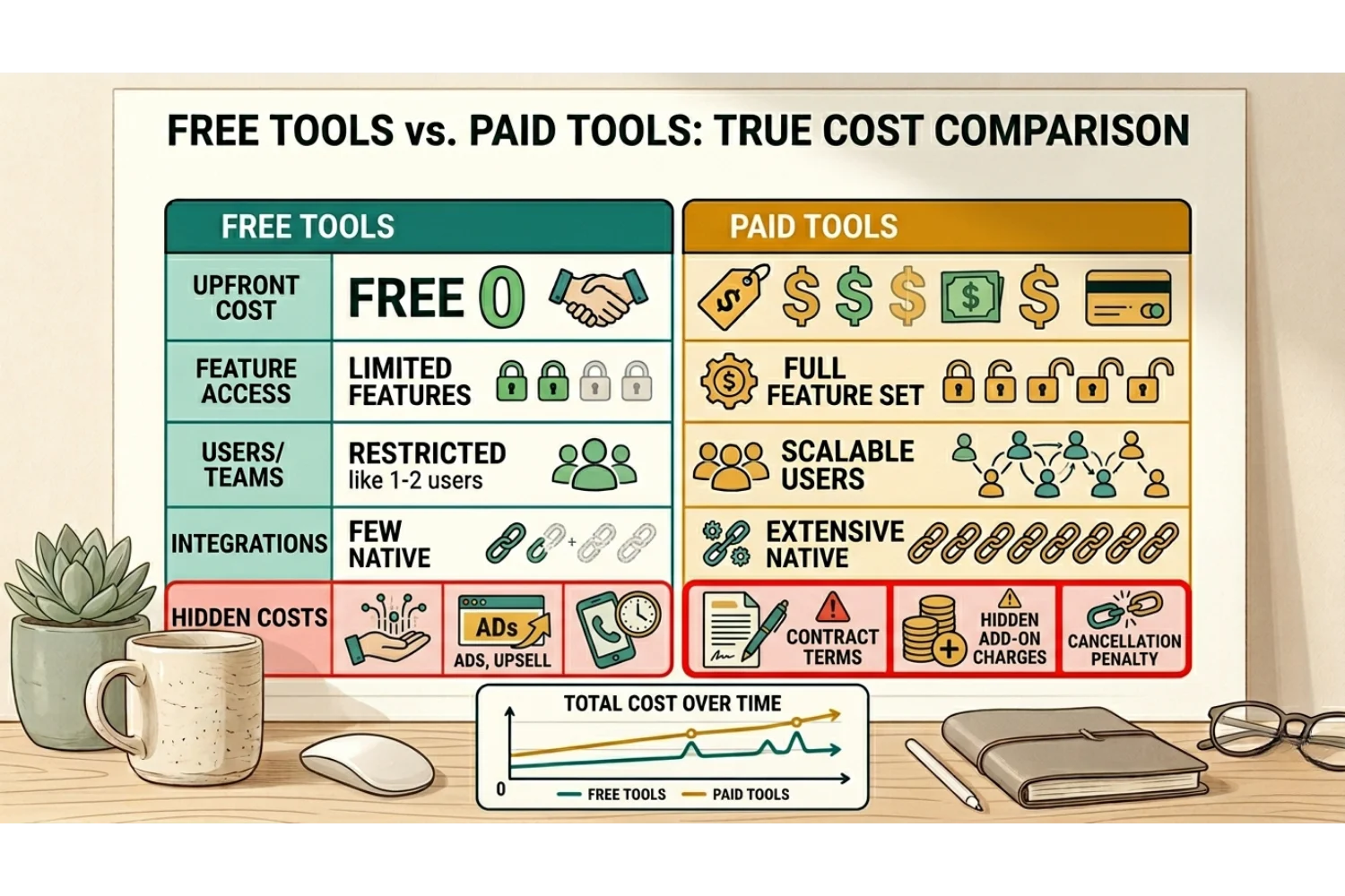 Comparison chart showing free tools cost versus paid tools with hidden fees highlighted