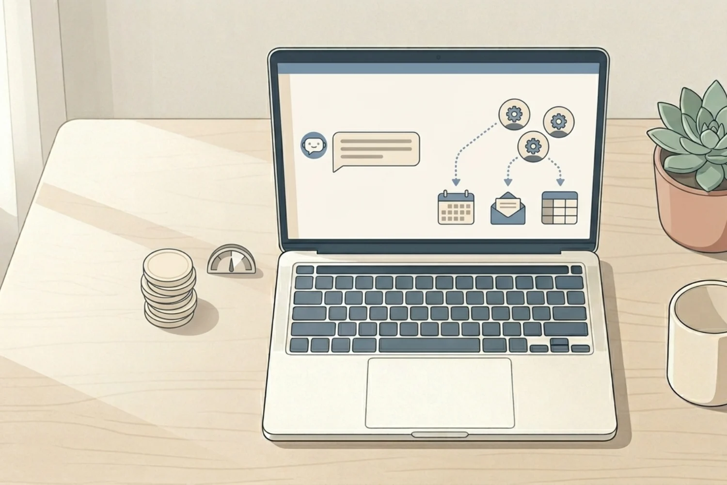 Overhead desk scene with a laptop showing a Notion AI chat bubble and three Notion Custom Agents badges connected to a calendar, inbox, and database, soft pastel editorial style.