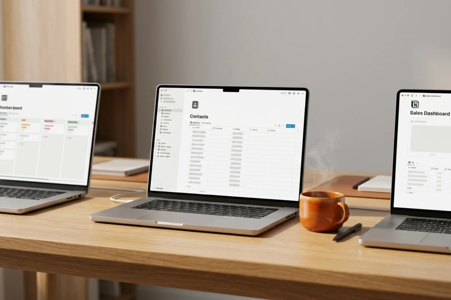 Favorite CRM templates lineup on three laptops showing pipeline, contacts list, and sales dashboard side by side in Notion.