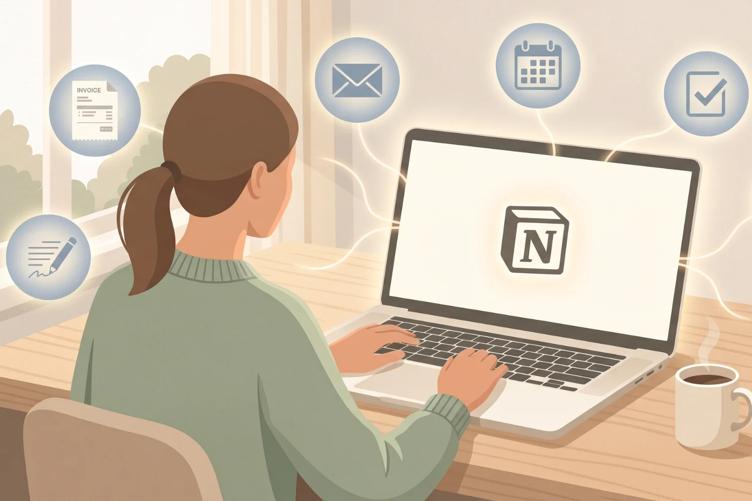 Solopreneur workspace with laptop and six glowing AI helper spheres representing custom Notion agents