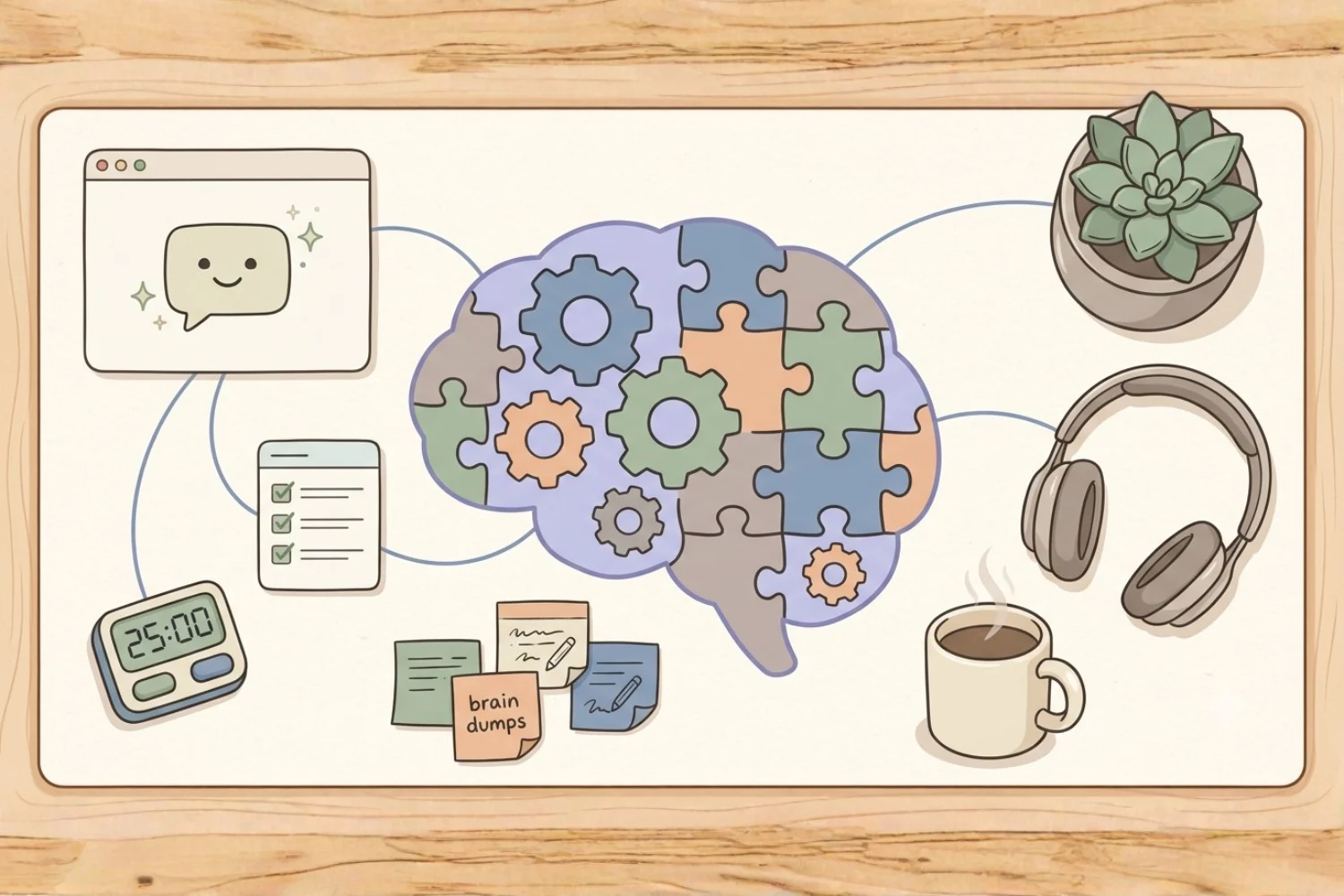 Soft pastel editorial illustration of a friendly Best Notion AI Agent for ADHD Users supporting an ADHD workspace with a focus timer, task cards, and daily reset icons