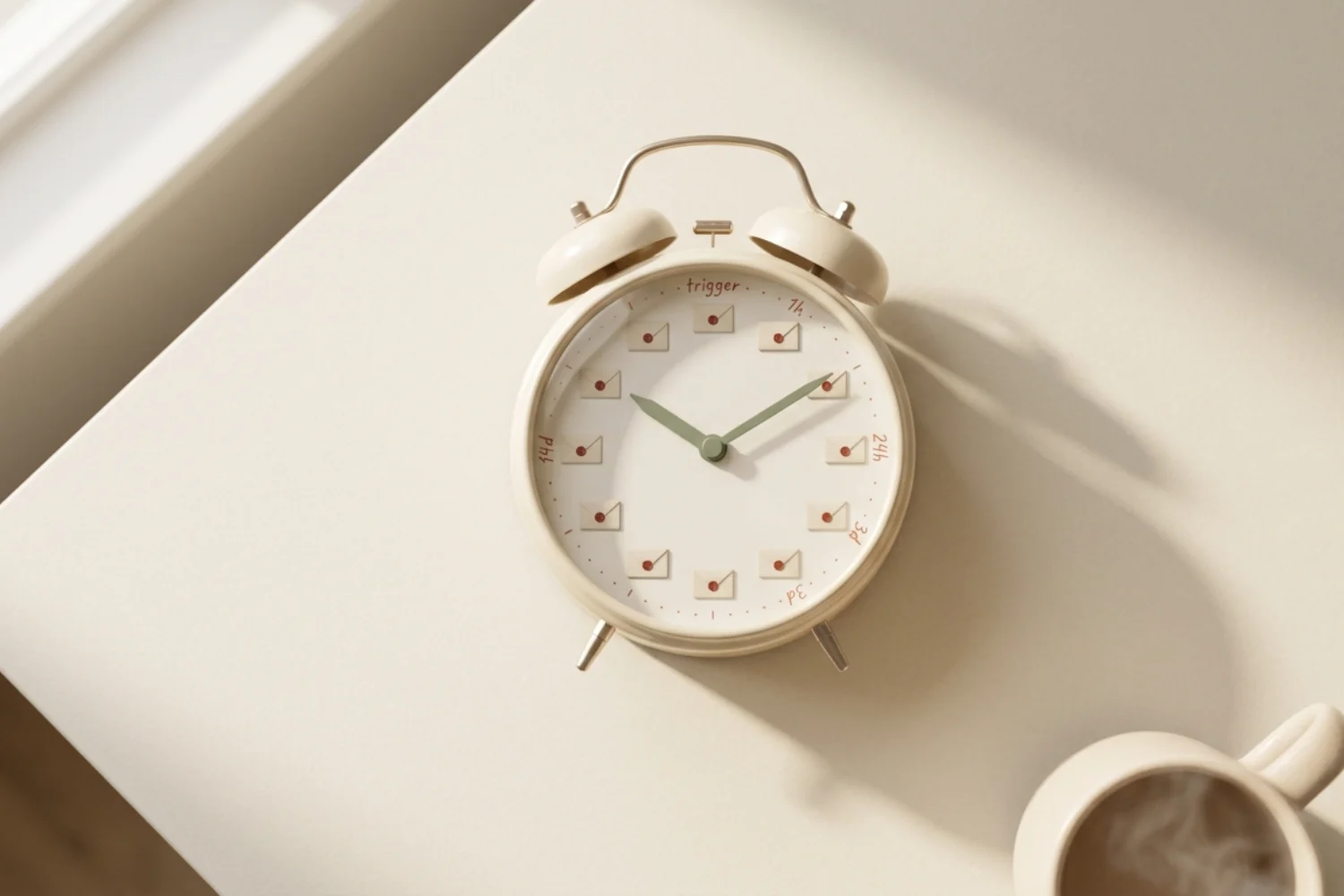 Alarm clock face with envelope hour markers and small labels for triggered and scheduled email send times of Best Time to Send Automated Emails