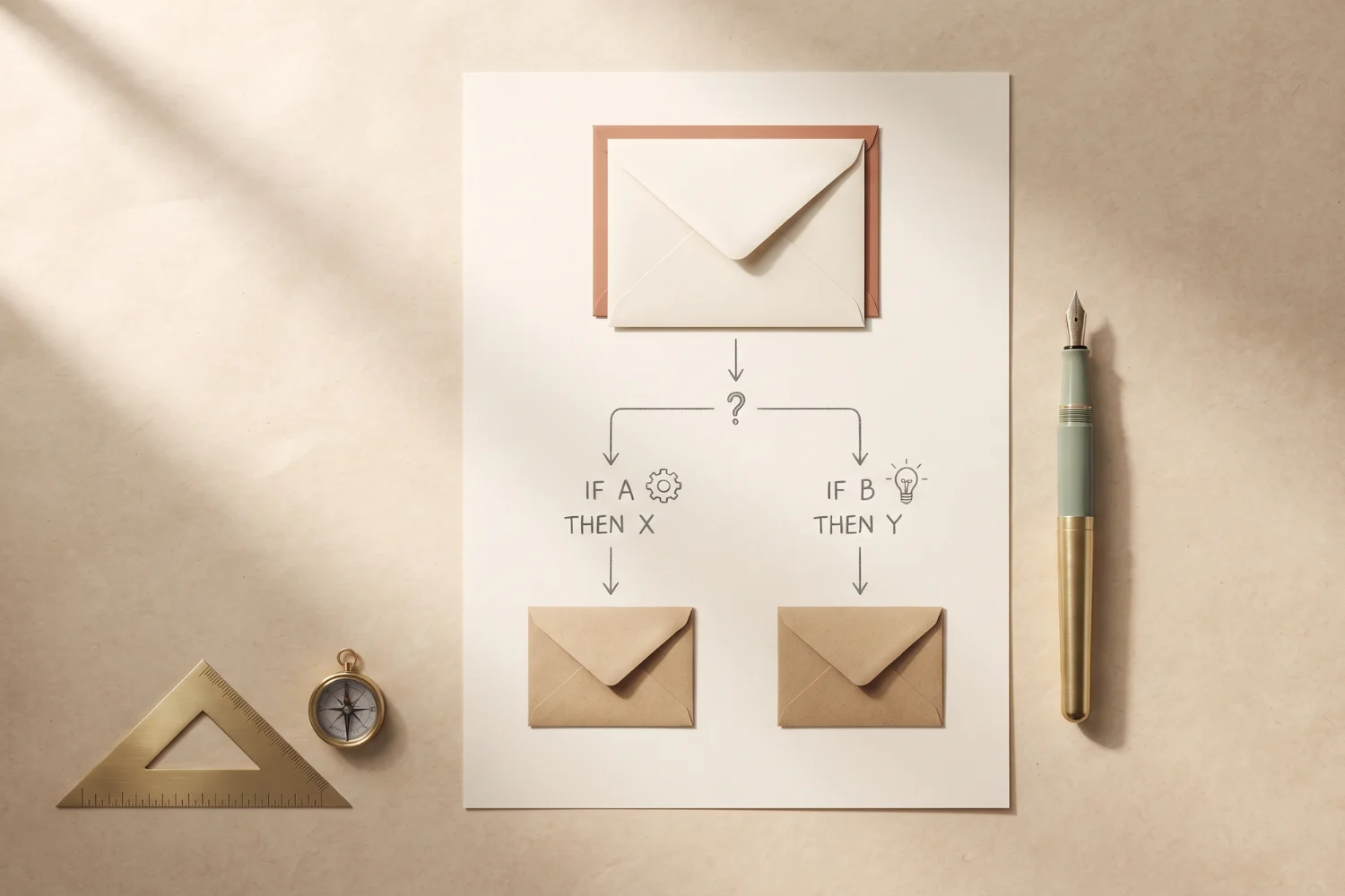 Hand-drawn if-then decision tree diagram on parchment beside a cream envelope representing Email Workflow Conditional Logic