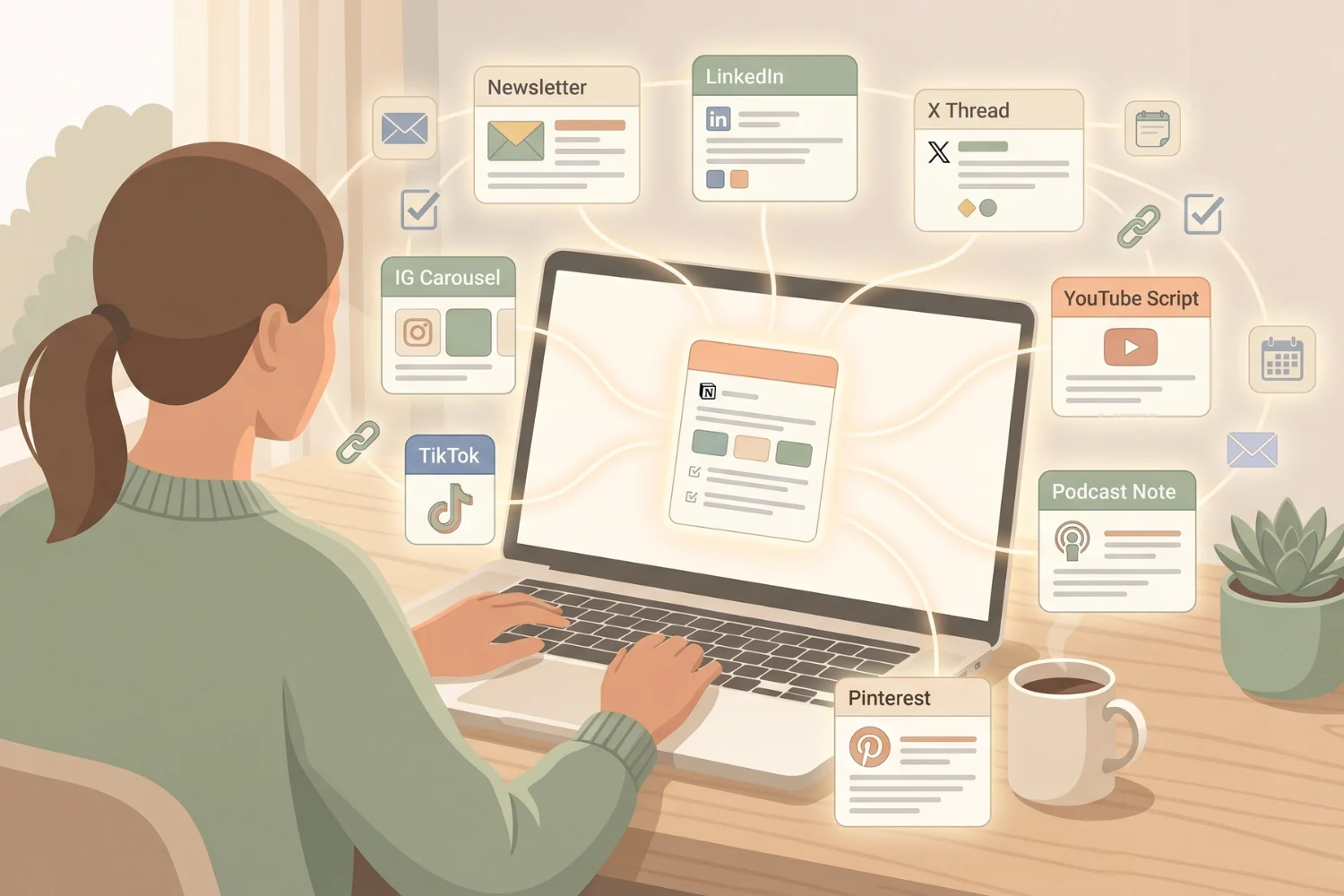 Solopreneur workspace showing a Notion blog post radiating outward into ten smaller content format cards for X, LinkedIn, newsletter, Instagram, TikTok, YouTube and more