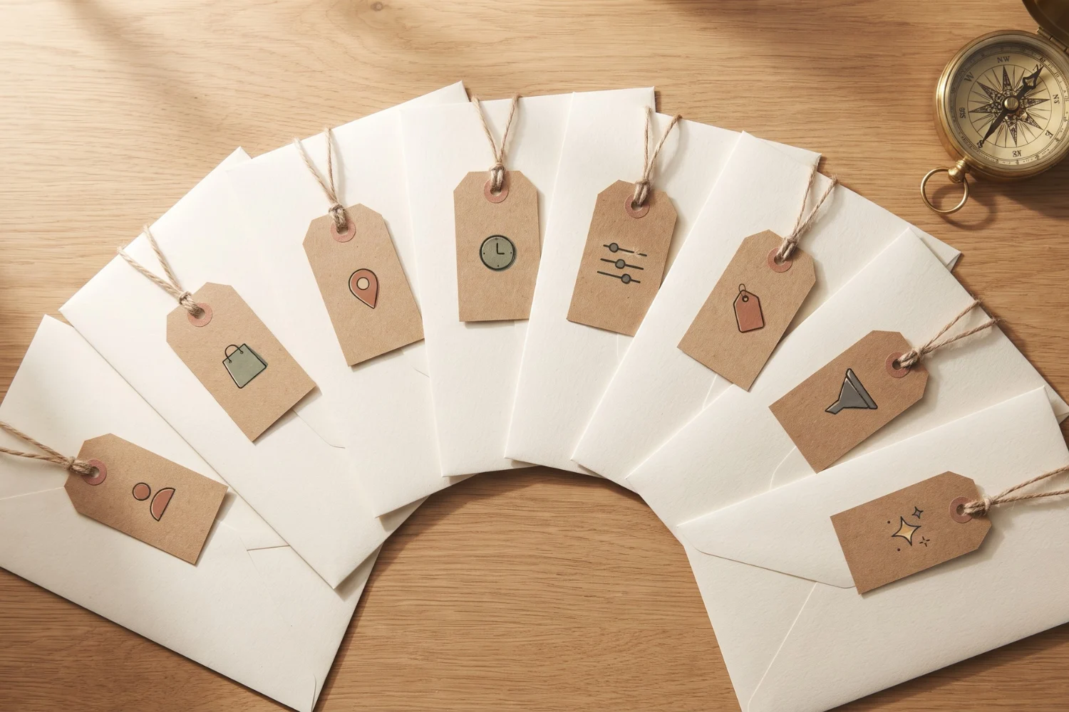 Editorial flat lay with eight cream envelopes fanned in a semicircle each labeled with a small tag representing eight email personalization tactics