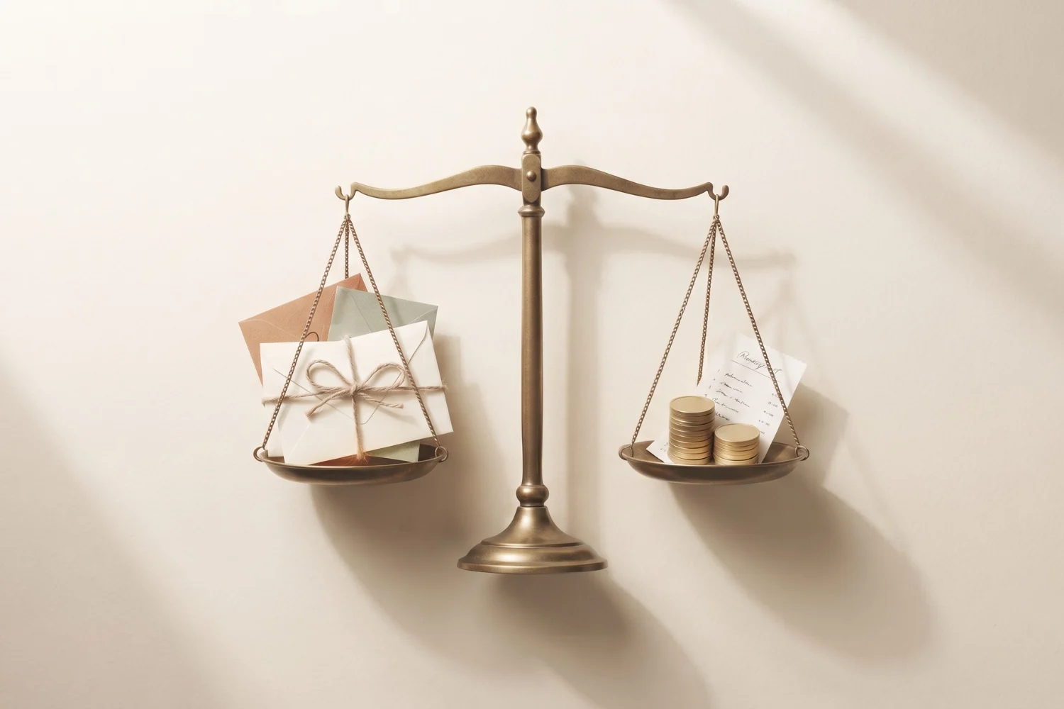 Brass balance scale on a cream desk with paper envelopes on one pan and gold coins on the other, comparing and paid and Free Email Automation Tools