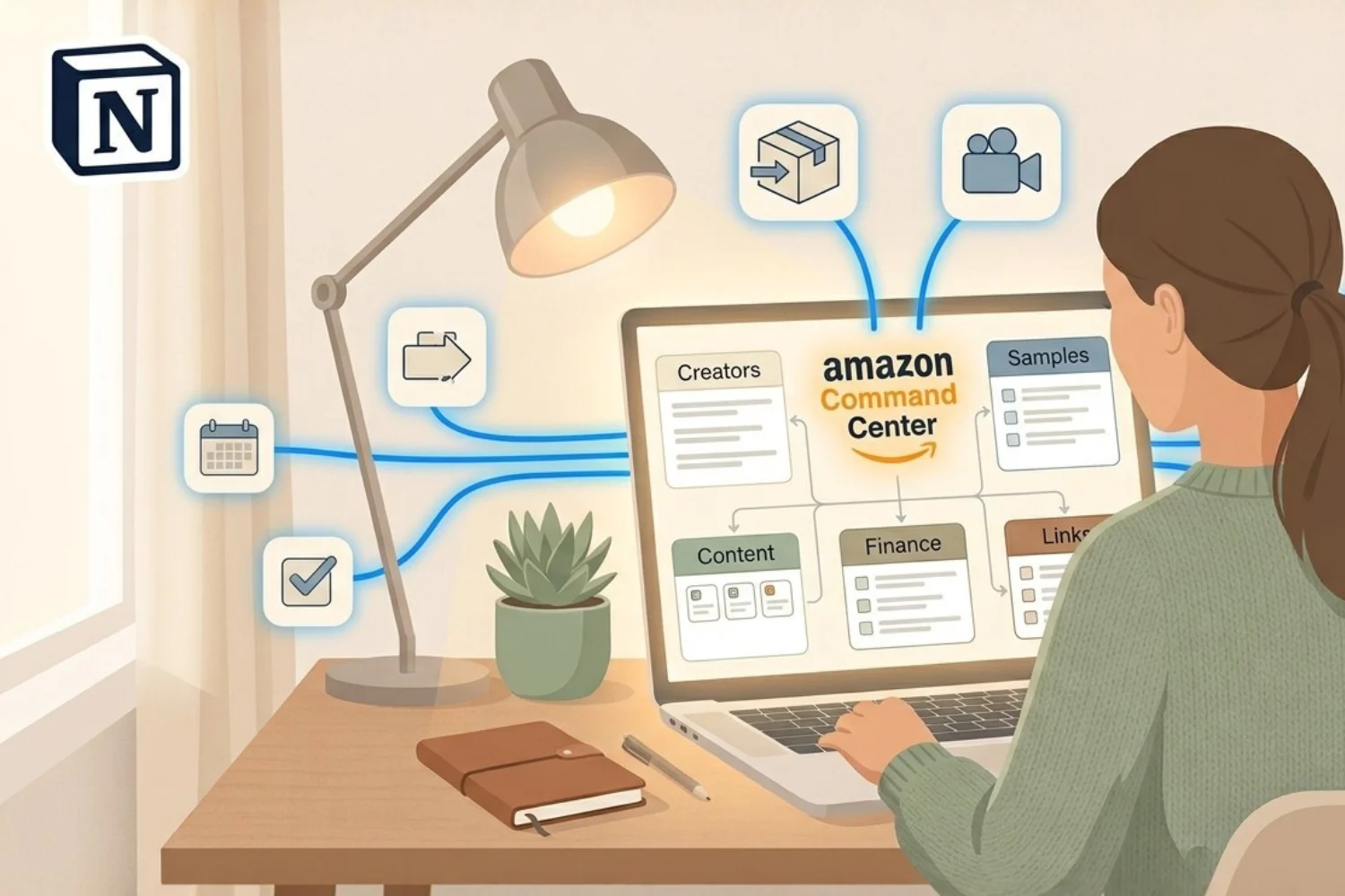 Amazon UGC creator management template mapped inside Notion showing six connected workflows for creators, samples, campaigns, content, finance, and links.