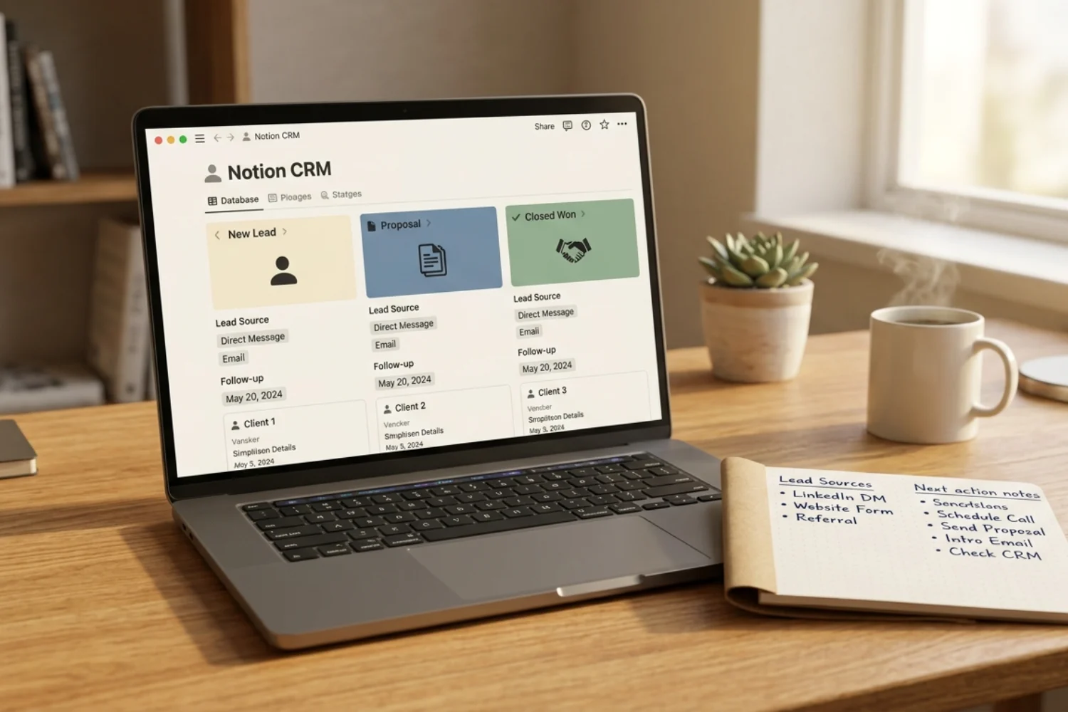 Customize CRM in Notion dashboard on laptop showing editable sales pipeline, lead source fields, follow-up dates, and client cards